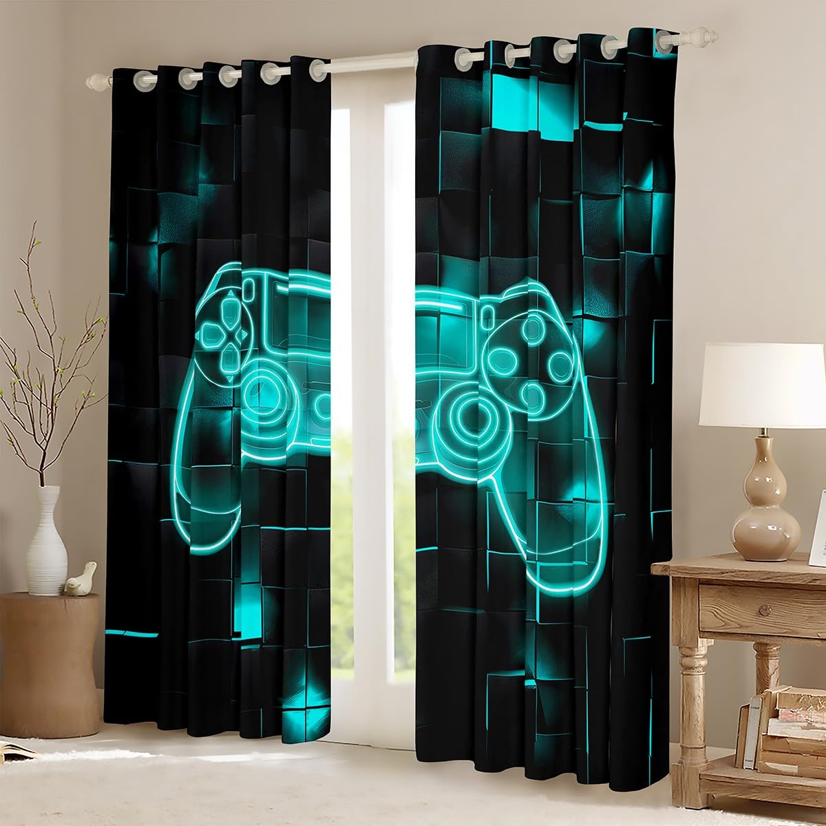 Homewish Gaming Blackout Curtains For Boys Bedroom 46x54 Geometric Gamer Curtains & Drapes For Girls Kids Teal Black Neon Gamepad Window Curtains Video Game Window Treatments 2 Panels - Image 3