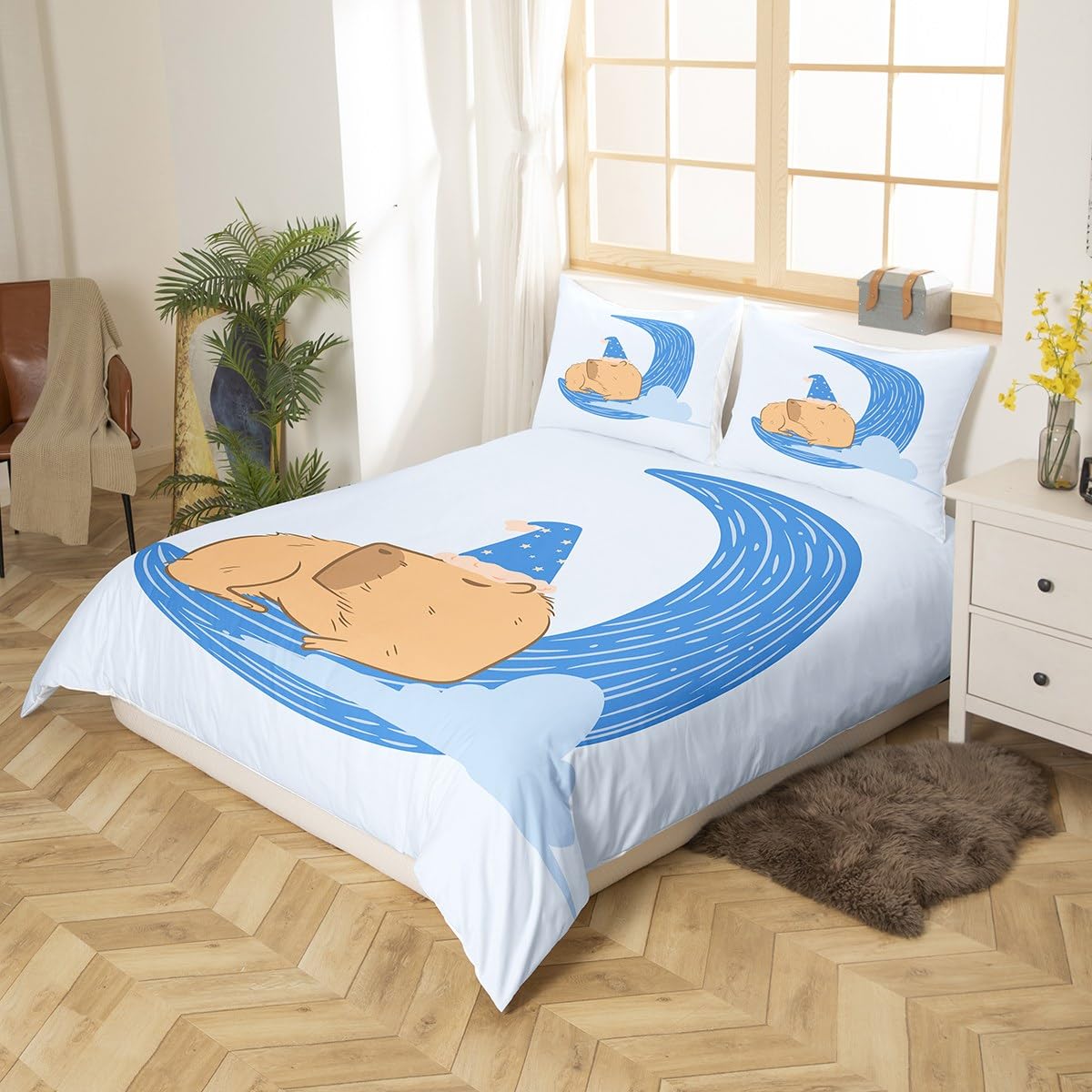 Homewish Urocza poszewka na kołdrę kapibara śpiąca na Księżycu zestaw pościeli, urocze zoo zwierzę domowe poszewka na kołdrę dla chłopców dziewcząt malucha noworodka, ręcznie rysowany szkic kapibara