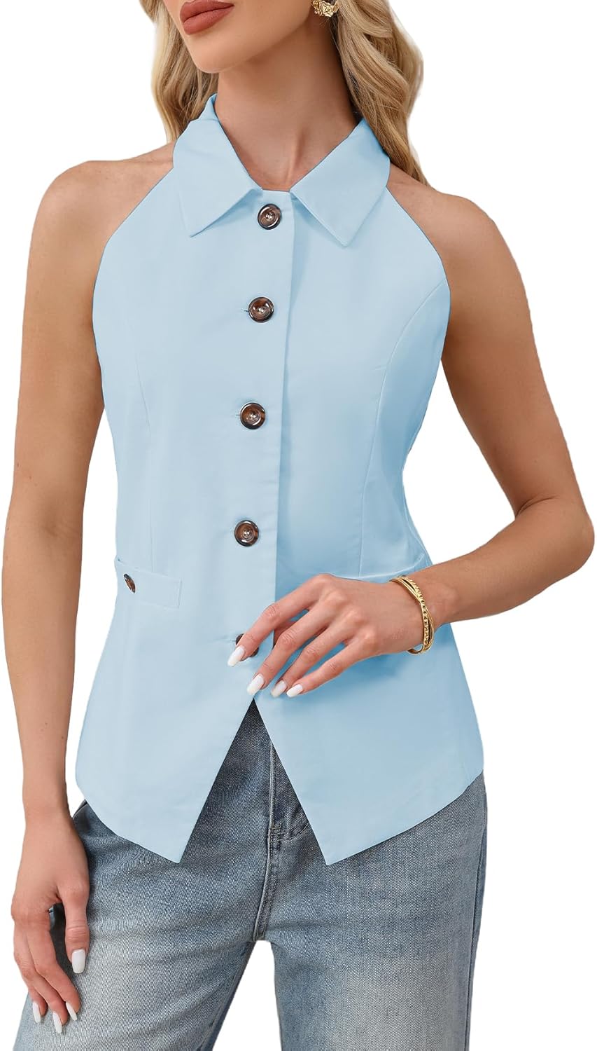 レディース ホルターネックベスト ラペルカラー ボタンダウン ノースリーブ ブレザー ベスト ビジネス カジュアル トップス