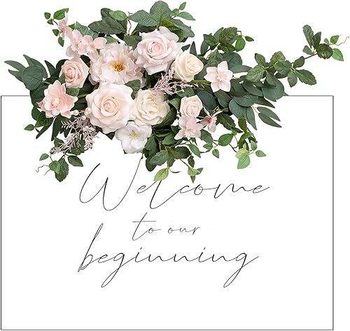 Ling's Moment Letrero rústico de bienvenida de boda artificial (paquete de 1) rubor y crema para boda, fiesta, recepción, entrada, tablero de