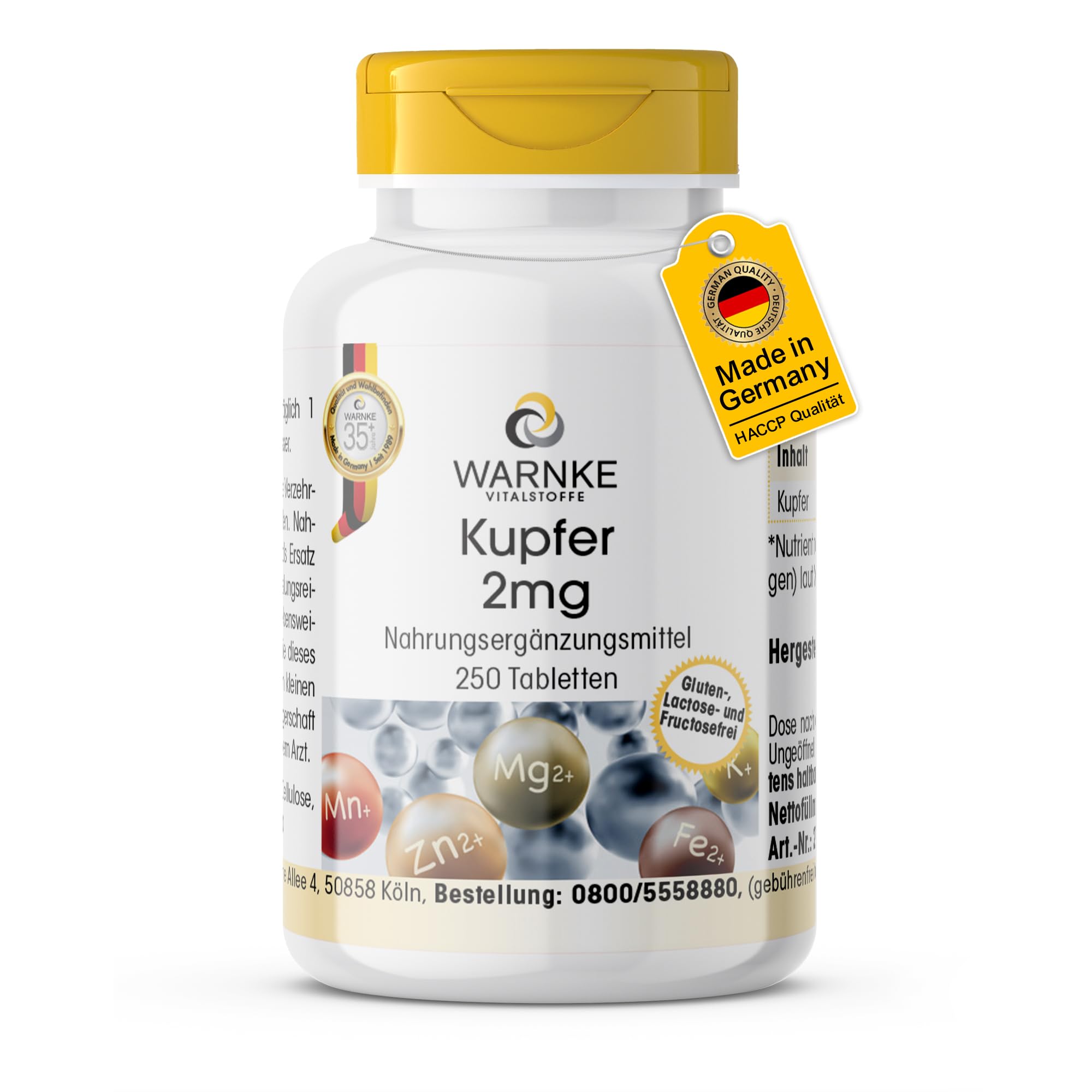 Rame 2mg - 250 compresse, ciascuna contenente 2mg - Bisglicinato di rame - ALTO DOSAGGIO - Qualità farmaceutica tedesca - vegano | Warnke Vitalstoffe