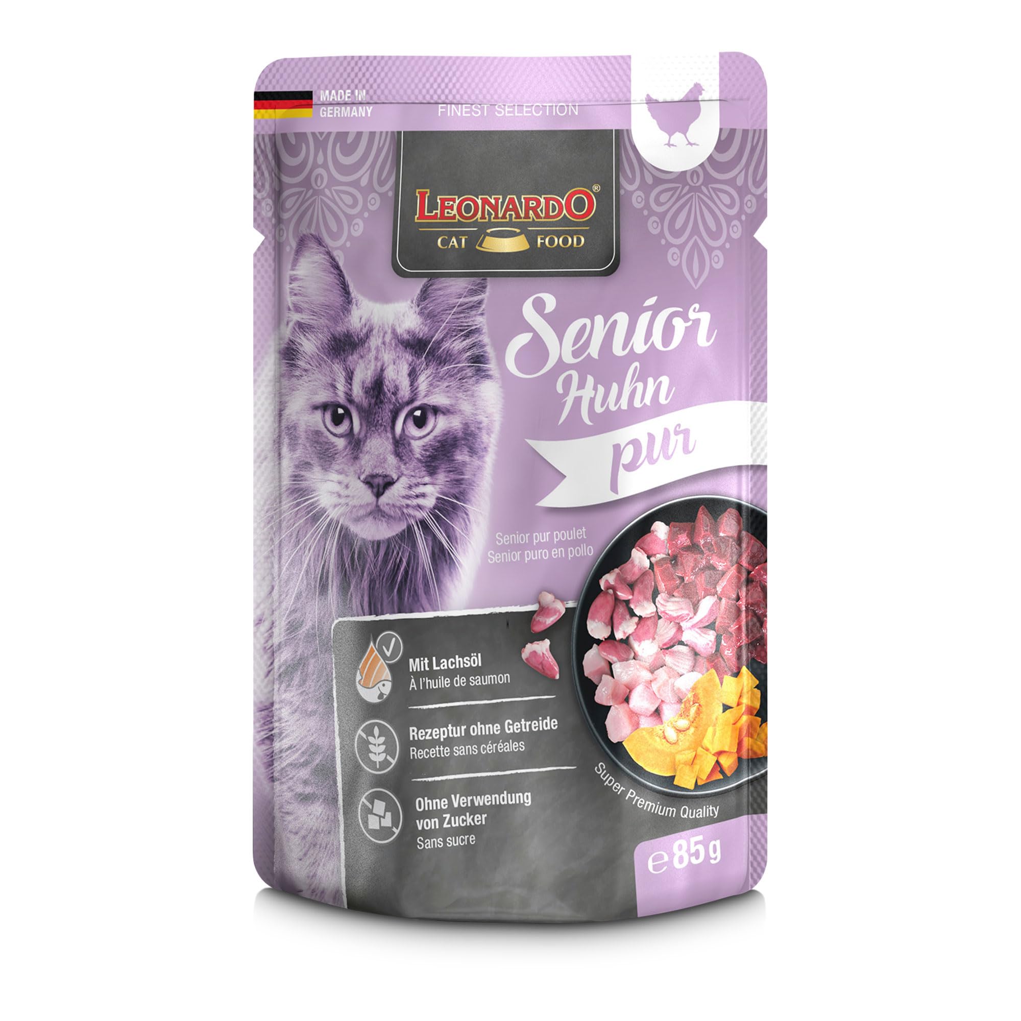 Leonardo Finest Selection Senior Huhn pur | Doppelpack | 2 x 16 x 85 g | Nassfutter für ältere Katzen | Lachsöl für seidiges Fell | Rezeptur ohne Getreide und Zucker | Mit Kürbis
