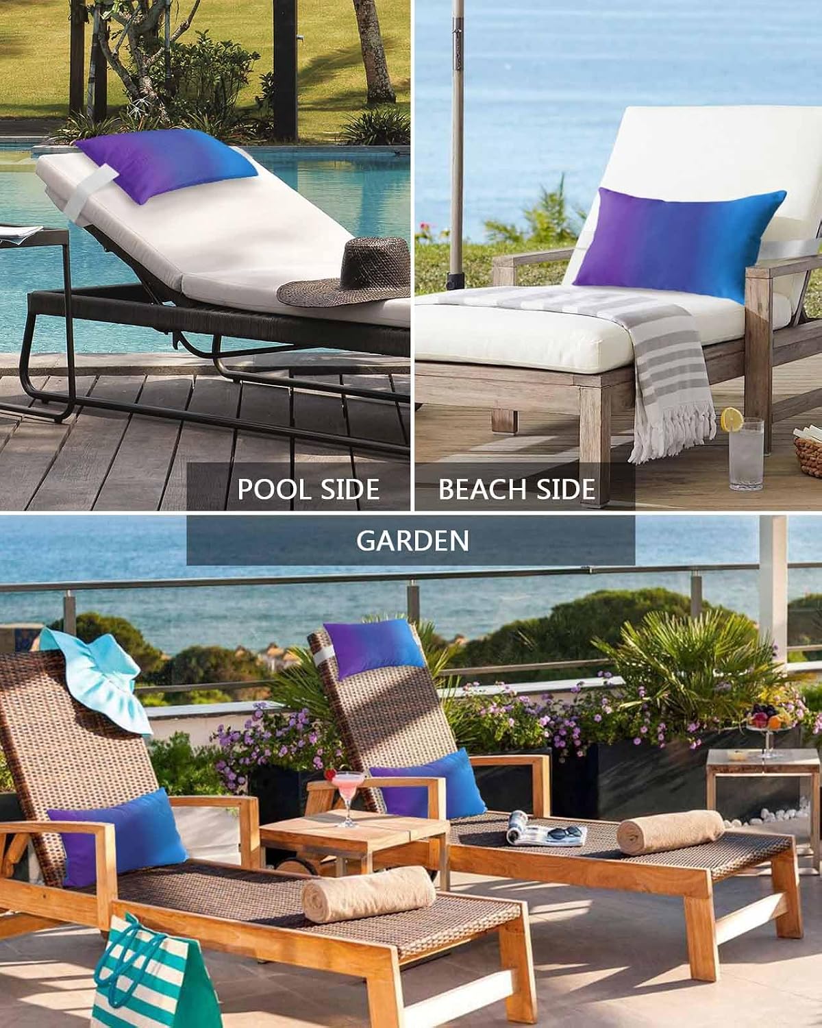 Lumbar Pillow Covers Set of 2, Purple Blue Ombre Waterproof Outdoor Chaise Lounge Pillow Covers with Elastic Strap, Modern Color Gradient Striped Headrest Pillowcase for Patio Recliner, 12 x 20