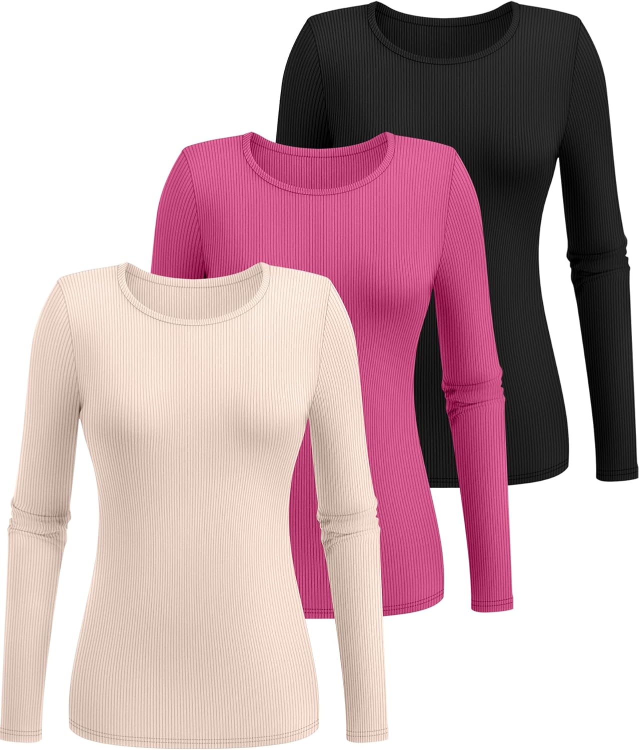 Ficerd 3 Pack Women's Ribbed Long Sleeve Tops, Crew Neck Slim Fit Undershirts Knit Basic Casual Stretch Layering Tee Shirts - Image 3