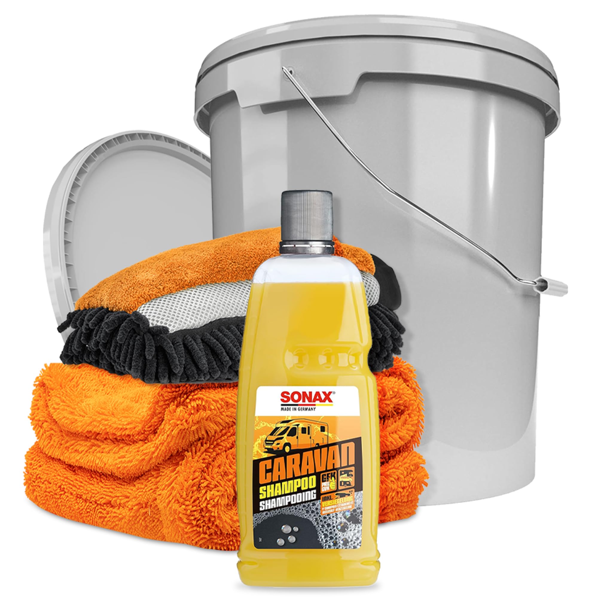 autopflege Sonax Caravan - Set di pulizia per camper, 1 l, con guanto da lavaggio + panno asciutto + secchio da 16 l con coperchio, pulitore per roulotte