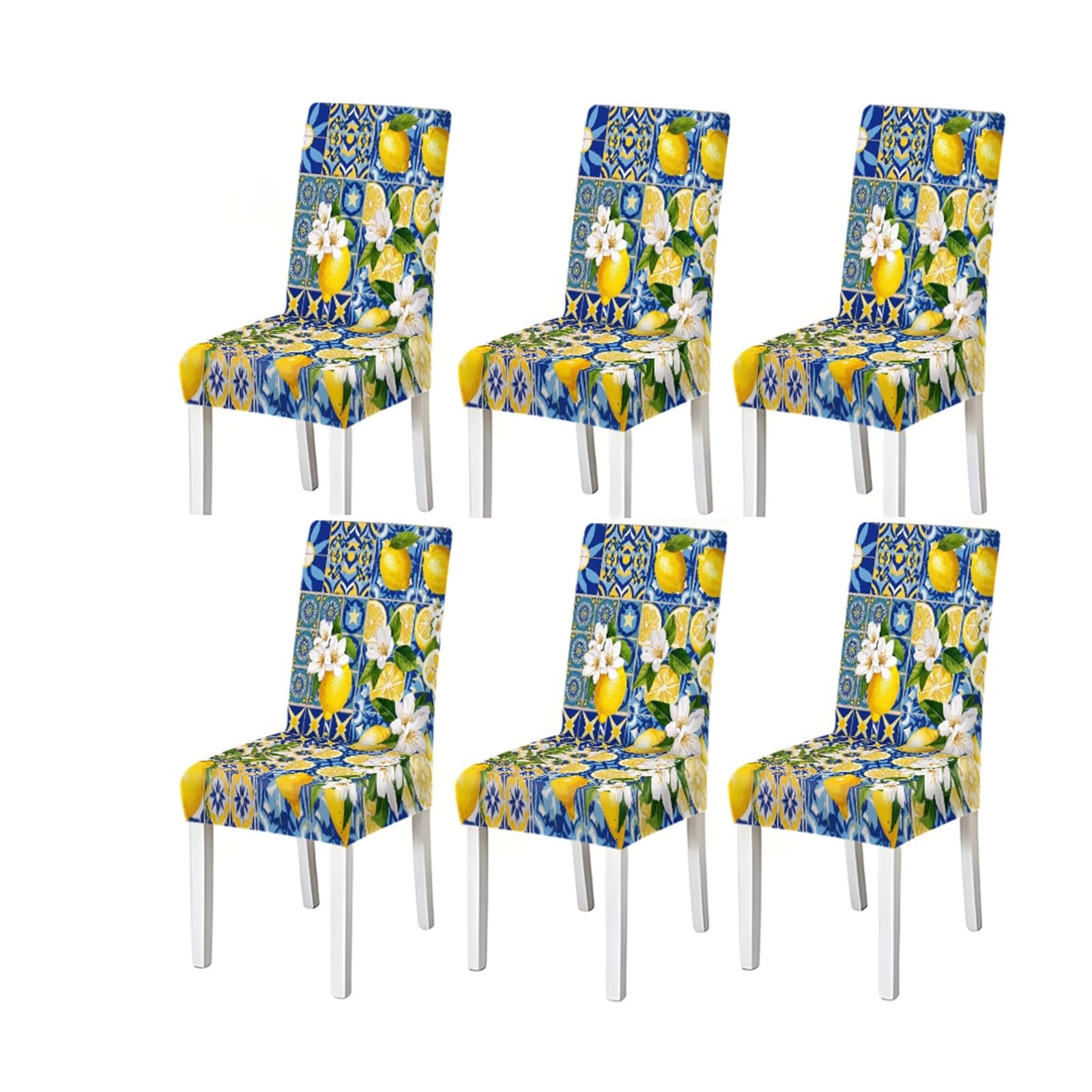 FZJKGH Mediterranean Lemon Tile Pattern Print Dining Chair Covers Set Of 2/4/6, Blue White Floral Stretch Slipcovers Removable Stretch Slipcovers for Dining Chairs(6PCSChair cover)