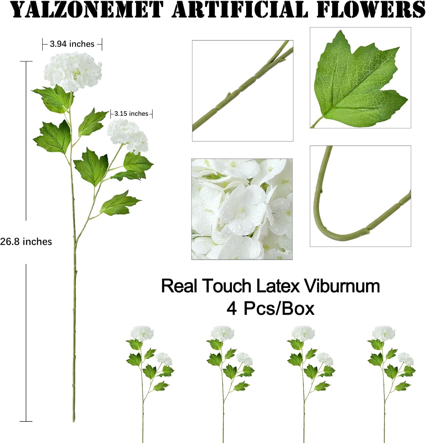 YalzoneMet 4 Pcs 26.8'' Viburnum Artificial Flower Snowball Lifelike Long Stem Real Touch White Small Hydrangea Latex Flower for Home Christmas Decoration Table Centerpieces Floral Arrangements - Image 4