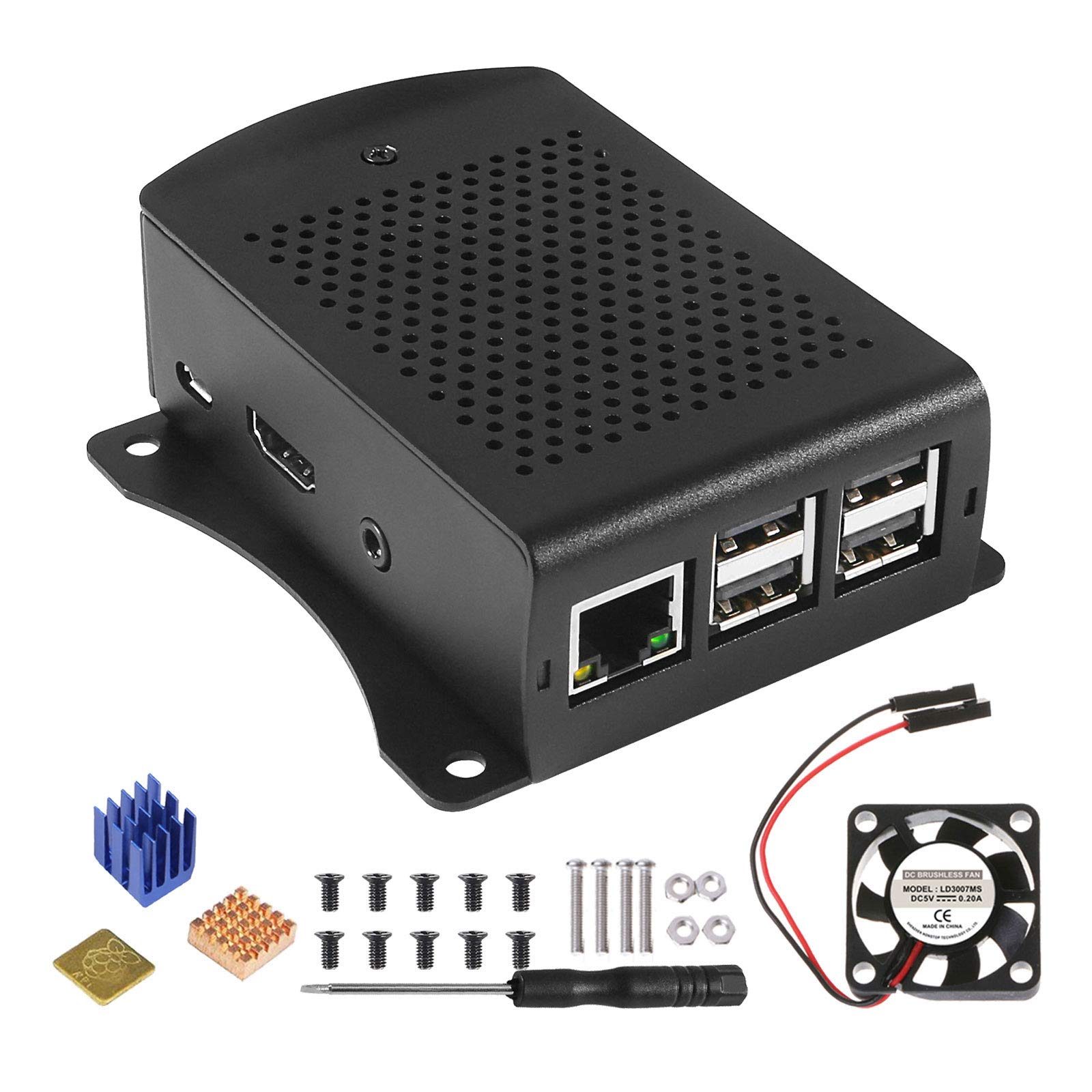 ALAMSCN Aluminum Alloy Case for Raspberry Pi 3 Model B with Heatsink Cooling Fan Metal RPi Case Wall Mounted Enclosure for Raspberry Pi 3 B+ RPi 3 RPi 2B+ RPi 2 B (Black)