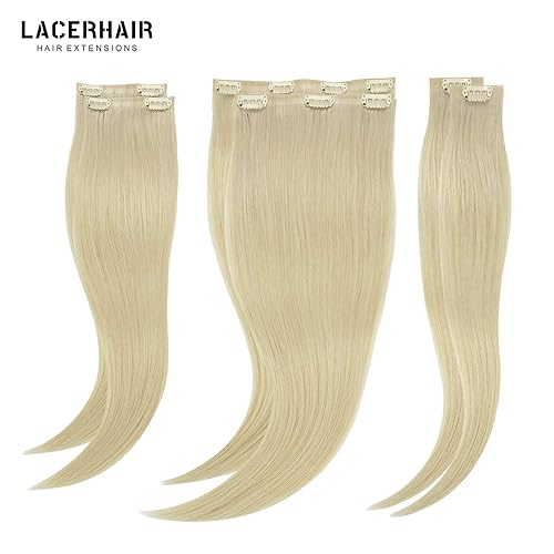 Miniatura 6 de Lacer Extensiones de cabello rubio con clip, sin costuras, 20 pulgadas, 7 piezas de 4.33 oz, #60A, extensiones de cabello rubio platinado con clip,