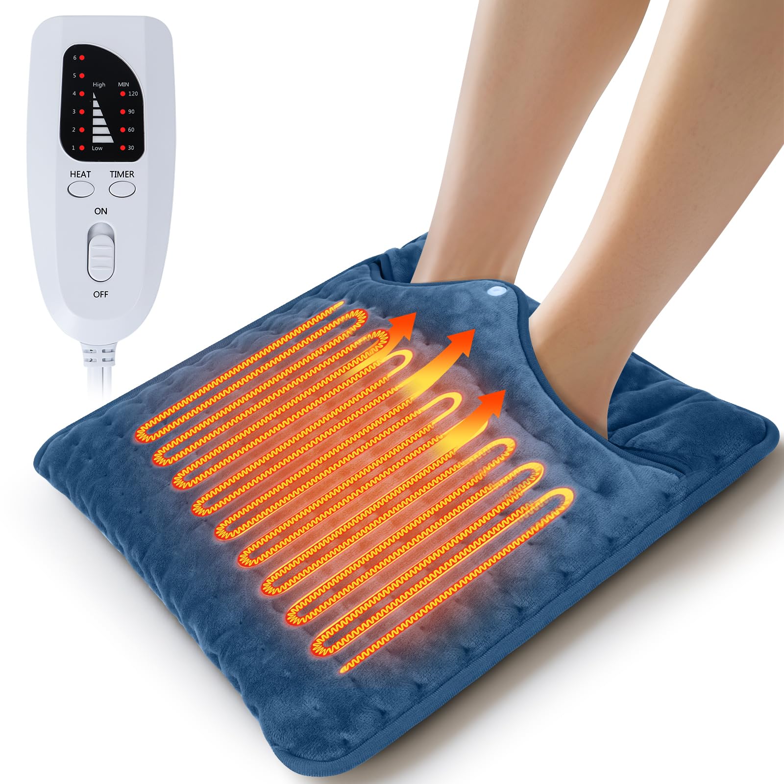 Elektrischer Fußwärmer für Damen Herren Senioren Schnelle Wärme für Füße mit 6 Heizstufen & Timer Extra Große Auflage Heizkissen Waschbar für Büro Zuhause Marineblau 40x40cm