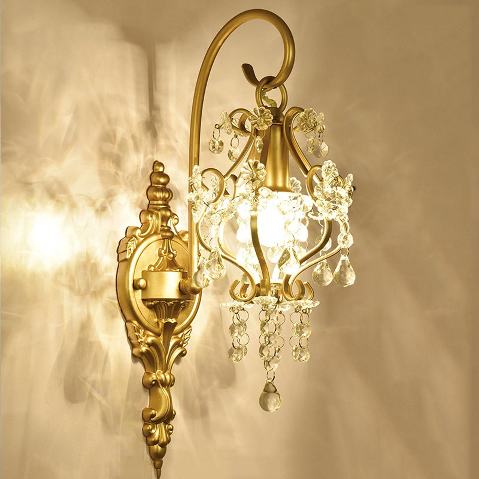 AWEITG Elegant Brass and Crystal Wall Lamp - European Style Anti-Rust Sconce for Living Room and Bedroom Decoration(Single Light Fixture)