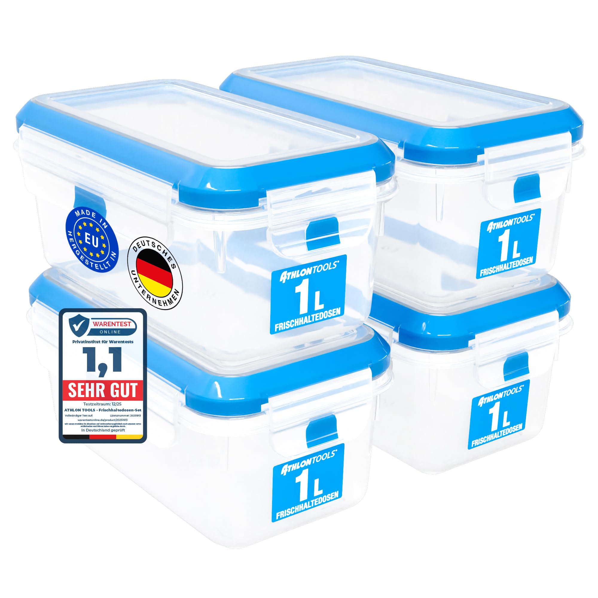 ATHLON TOOLS 4x 1L Frischhaltedosen-Set in Gastro-Qualität - 100% luftdicht und auslaufsicher -40 bis +100 Grad - für alle Lebensmittel - BPA-frei - Vorratsdosen für Kühlschrank (1 L | 4er Set)
