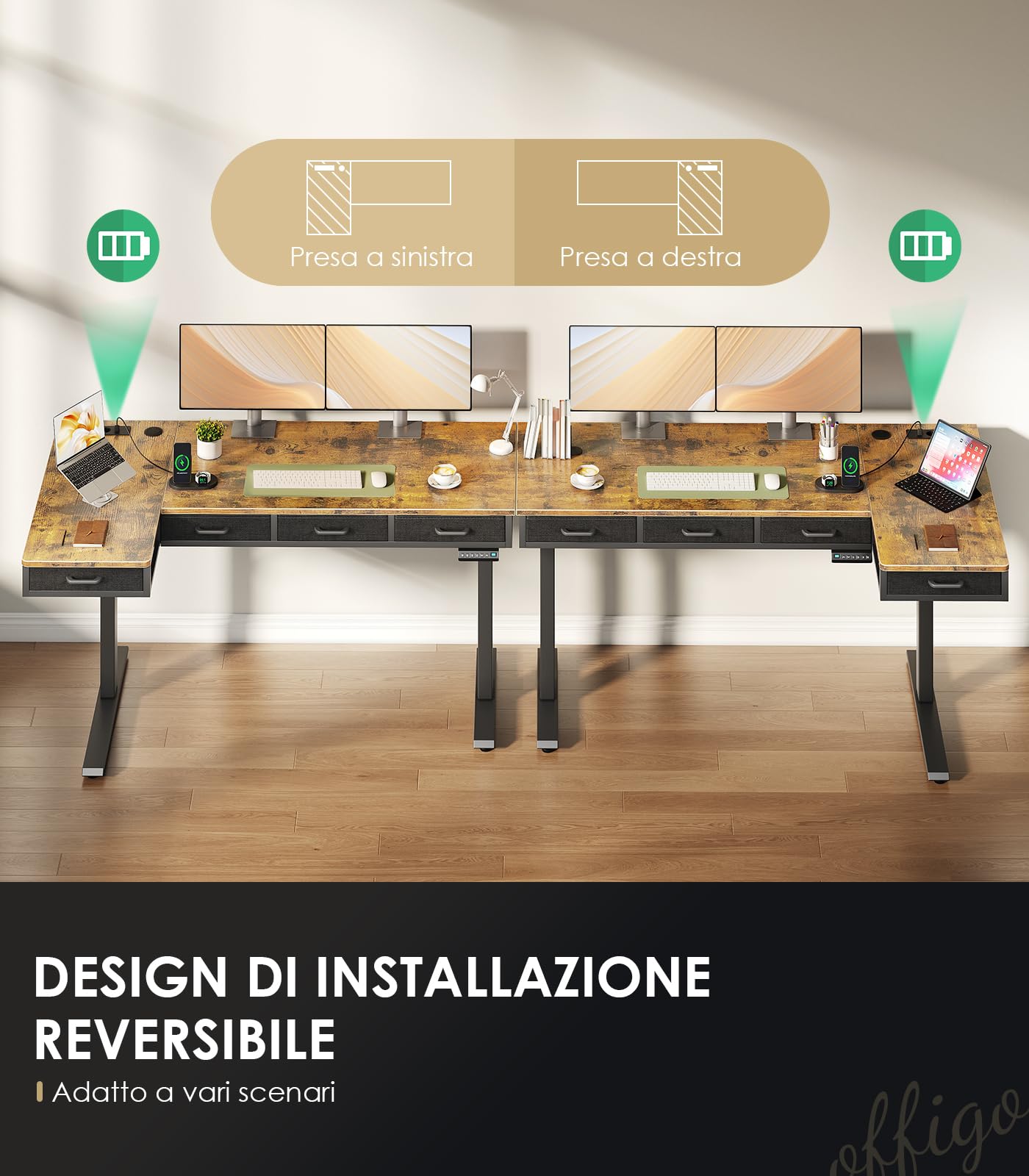 OffiGo Scrivania Angolo Regolabile in Altezza con Cassetti, 140cm, Marrone | Scrivania Angolare Regolabile con Presa per di ricarica USB, Standing Desk a L per Ufficio e Studio, porta Canalina Nascosta