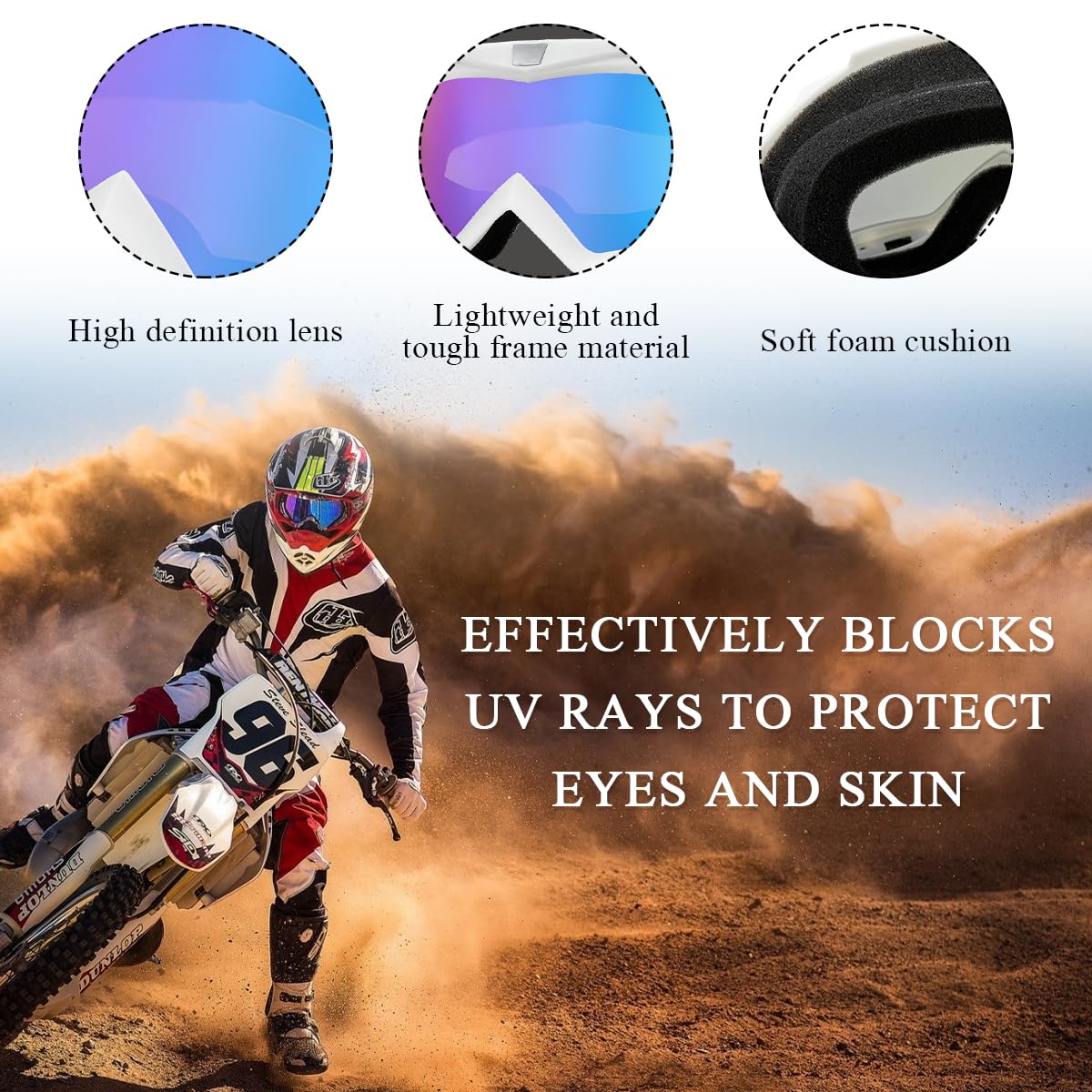 Yourkar Gafas de motocross, protección UV, ATV todoterreno, resistentes al viento, visión amplia, para montar en motocicleta