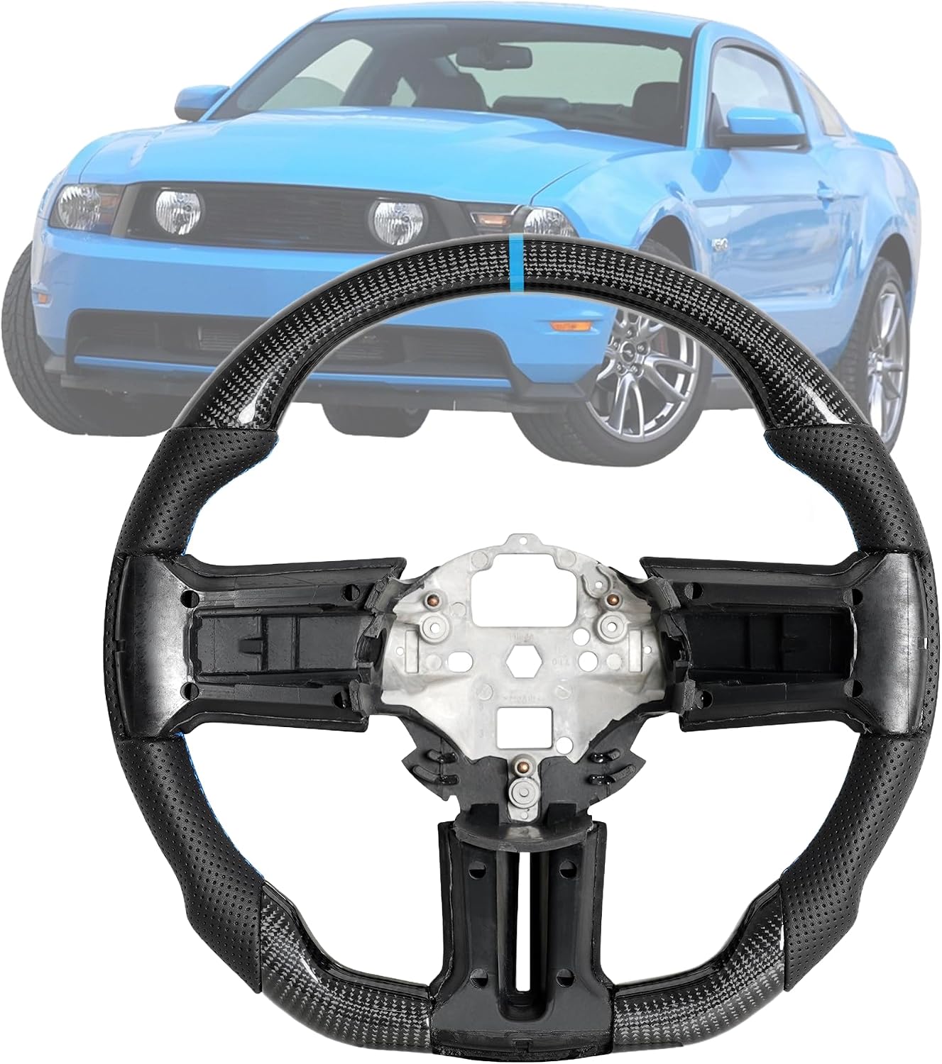 Steering Wheel for Ford Mustang 2010-2014 Carbon Fiber Blue Positioning Line Hand Stitching Nappa Leather Ergonomic Grip D-Shaped Flat Bottom Steering Wheel for Mustang GT/V6/Boss 302/Shelby GT500