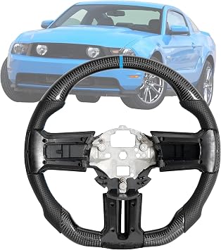 Steering Wheel for Ford Mustang 2010-2014 Carbon Fiber Blue Positioning Line Hand Stitching Nappa Leather Ergonomic Grip D-Shaped Flat Bottom Steering Wheel for Mustang GT/V6/Boss 302/Shelby GT500