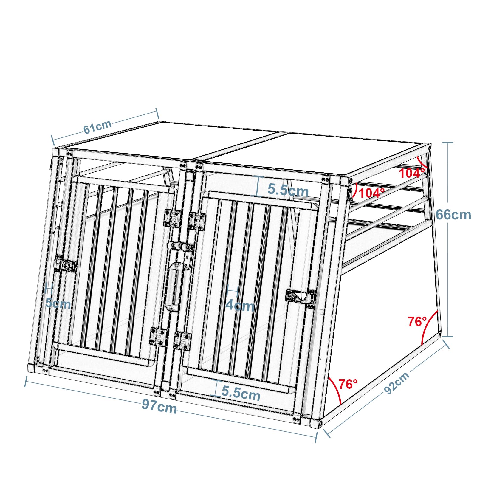 EUGAD Caisse Transport Chien, Cage de Transport pour 2 Chiens Voiture,Caisse de Transport pour Grand Chien Aluminium avec Cloison Séparation Fermeture Sécurité, Cage Transport Solide 97x92x66cm