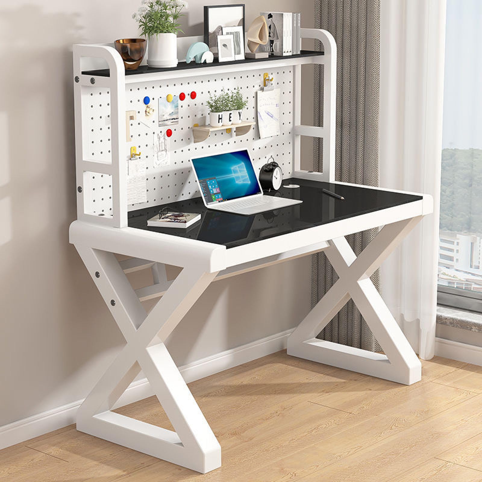 ASerZenith Tempered Glass Computer Desk, Home Office Writing Workstation With Pegboard And Storage Shelves, Large Study Table,Black & White-100Cm