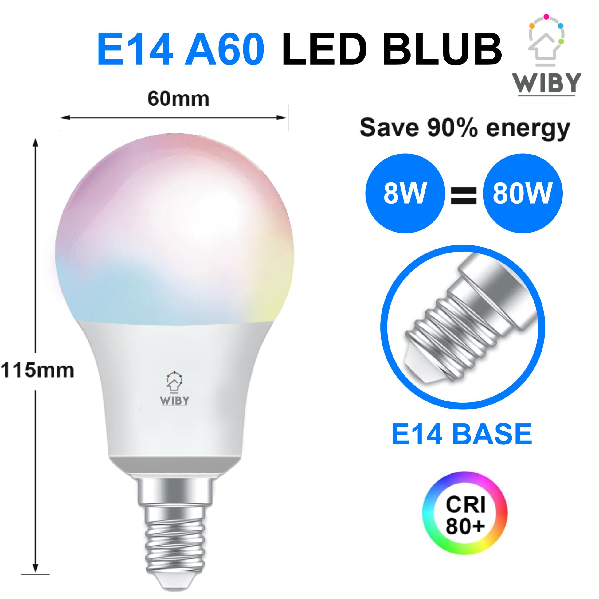 Wiby Lampadine Alexa Inteligente WiFi E14,Dimmerabile Lampadina Smart E14 LED 8W,A60,Compatibile con Alexa e APP,Lampadine RGBWW Dimmerabile Multicolore, 2700k-6500k,806LM,3 Pezzi