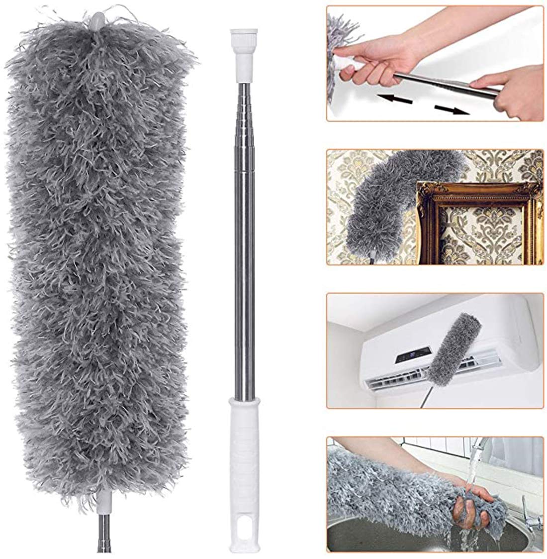 Antonki Extendable Microfiber with Extra Long 282cm Telescopic Pole Feather Duster with Bendable Head Hand Duster for Cleaning High Ceiling Fans Blinds Cobweb Cars