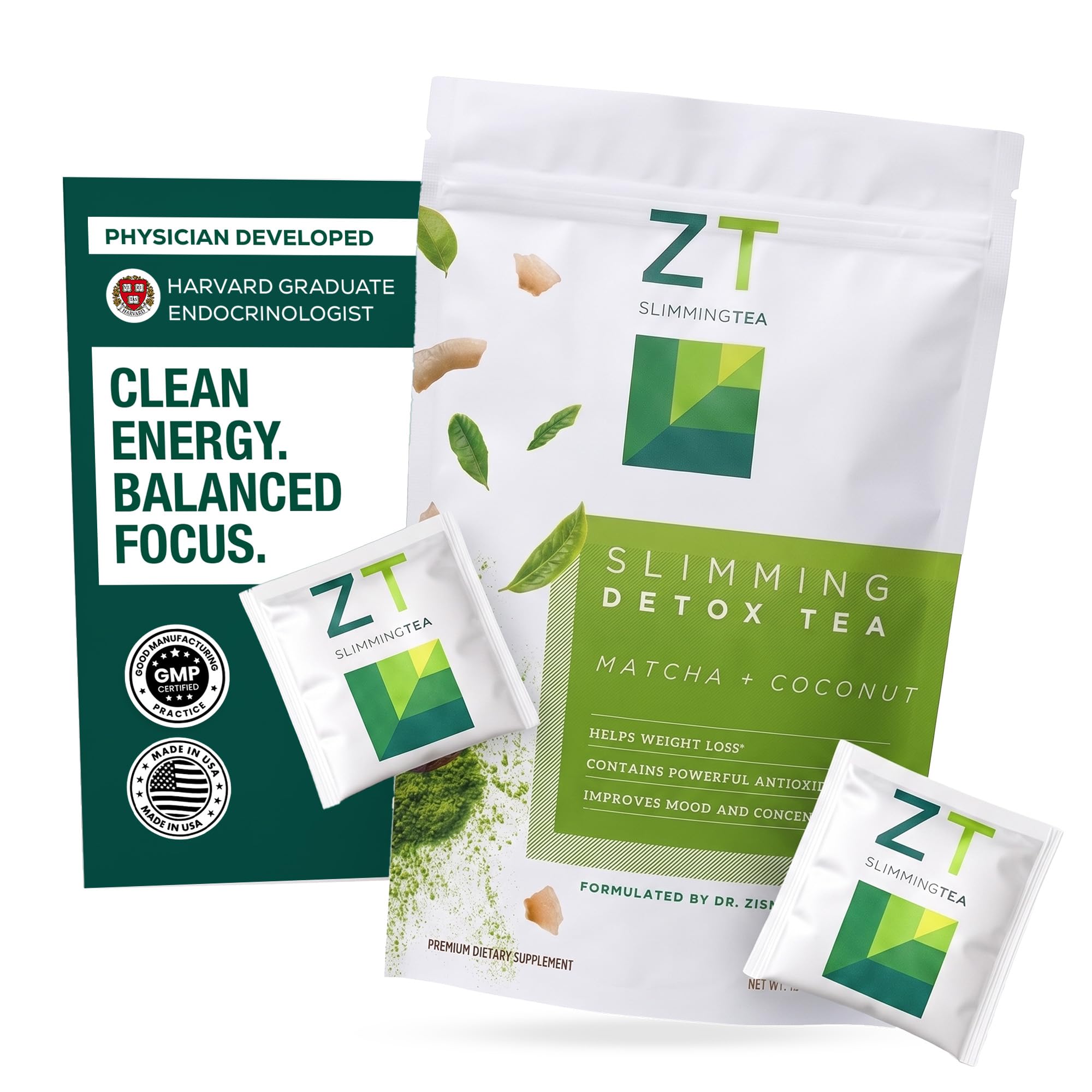 Dr. Zisman ZT Slimming Tea — Chá de ervas para controle de peso de matcha e coco, 28 sachês