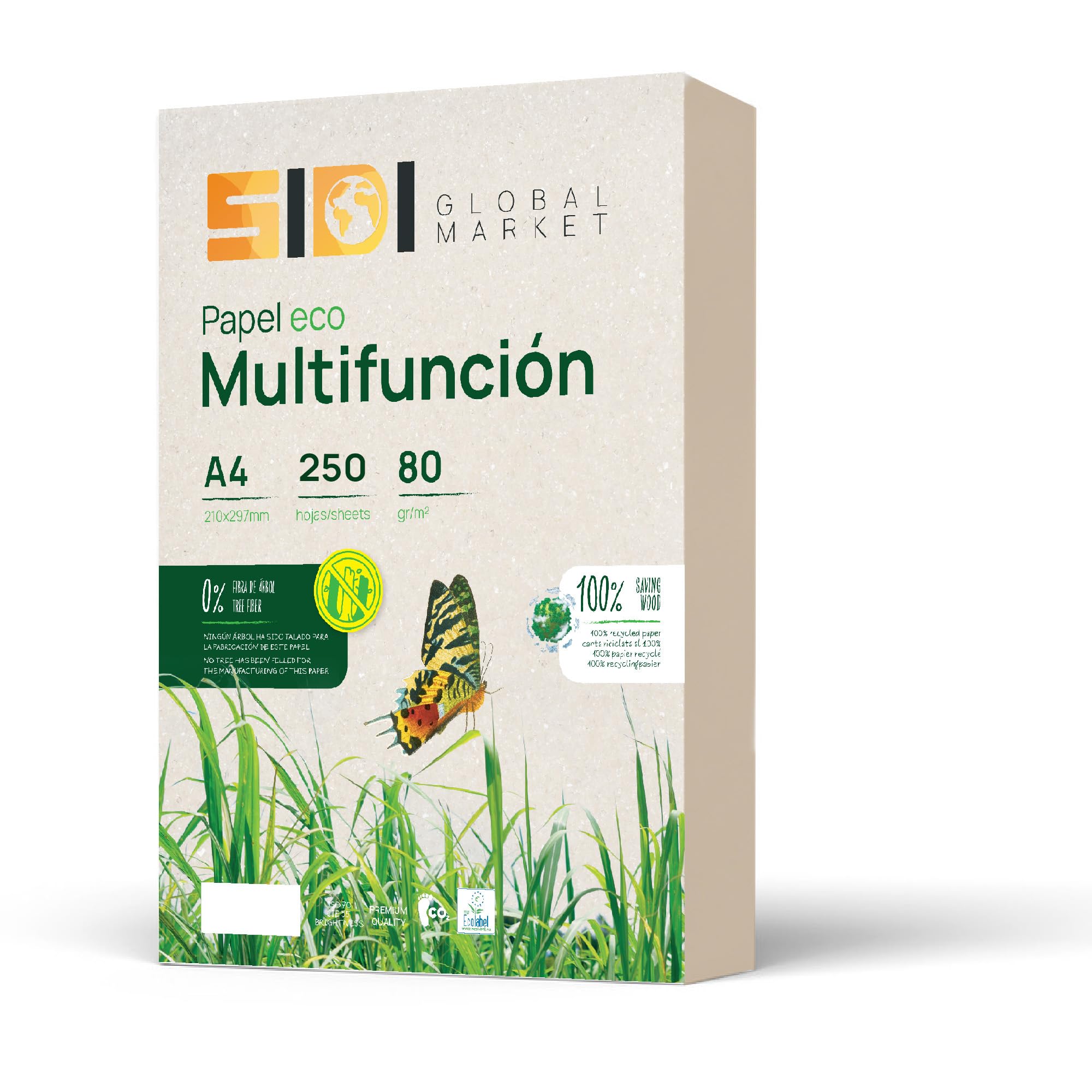 Papel Reciclado, Papel din A4, Paquete de Folios A4 80gr, Papel para Fotocopias e Impresora, 250 Folios A4 100% Fabricado con Papel Reciclado · SIDI (1 paquete)