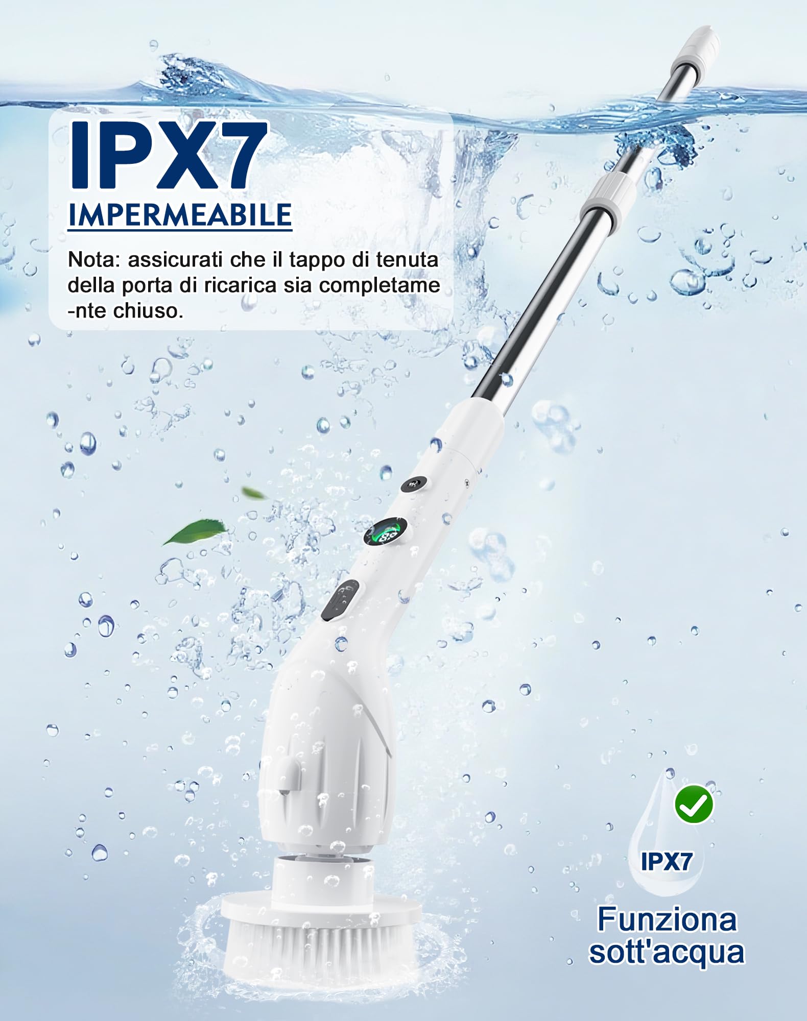 Spazzola Elettrica Rotante, Spazzola Elettrica Rotante con 4 Testine, 350 Giri/min 2 Velocità, Impermeabile IPX7, Display Digitale Batteria, Spazzola Telescopica per Pulizia Casa Bagno Cucina