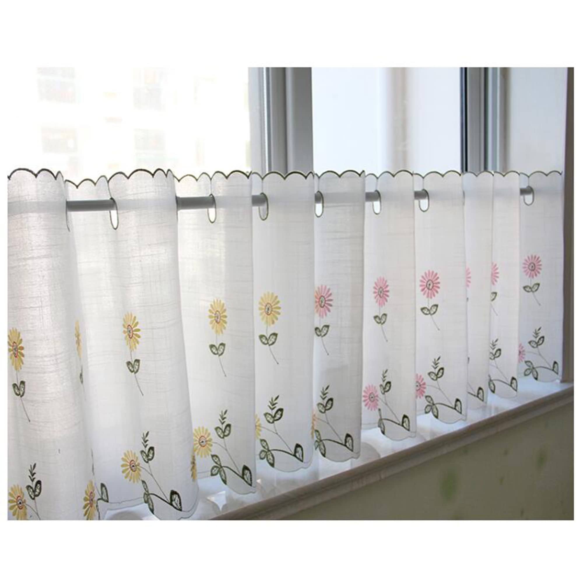 Scheibengardine Bistrogardine Landhaus Küche Transparent Kurzstores Gardinen Gänseblümchen-Stickerei Vorhang/A / W175xH83cm