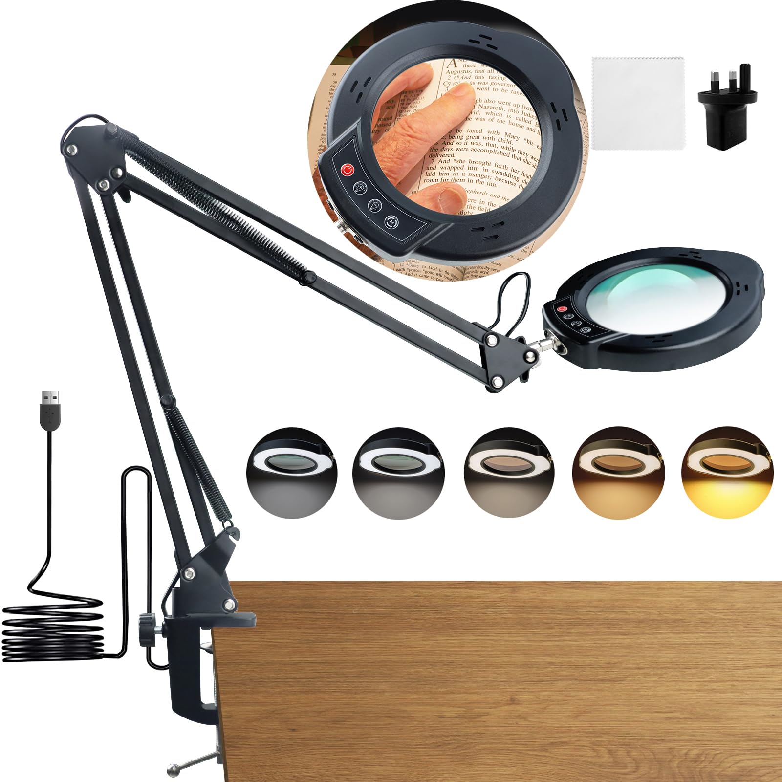 HYEIOL LED Magnifying Glass with Light,5 Color Modes 10 Brightness Dimmable Magnifying Lamp with Desk Clamp