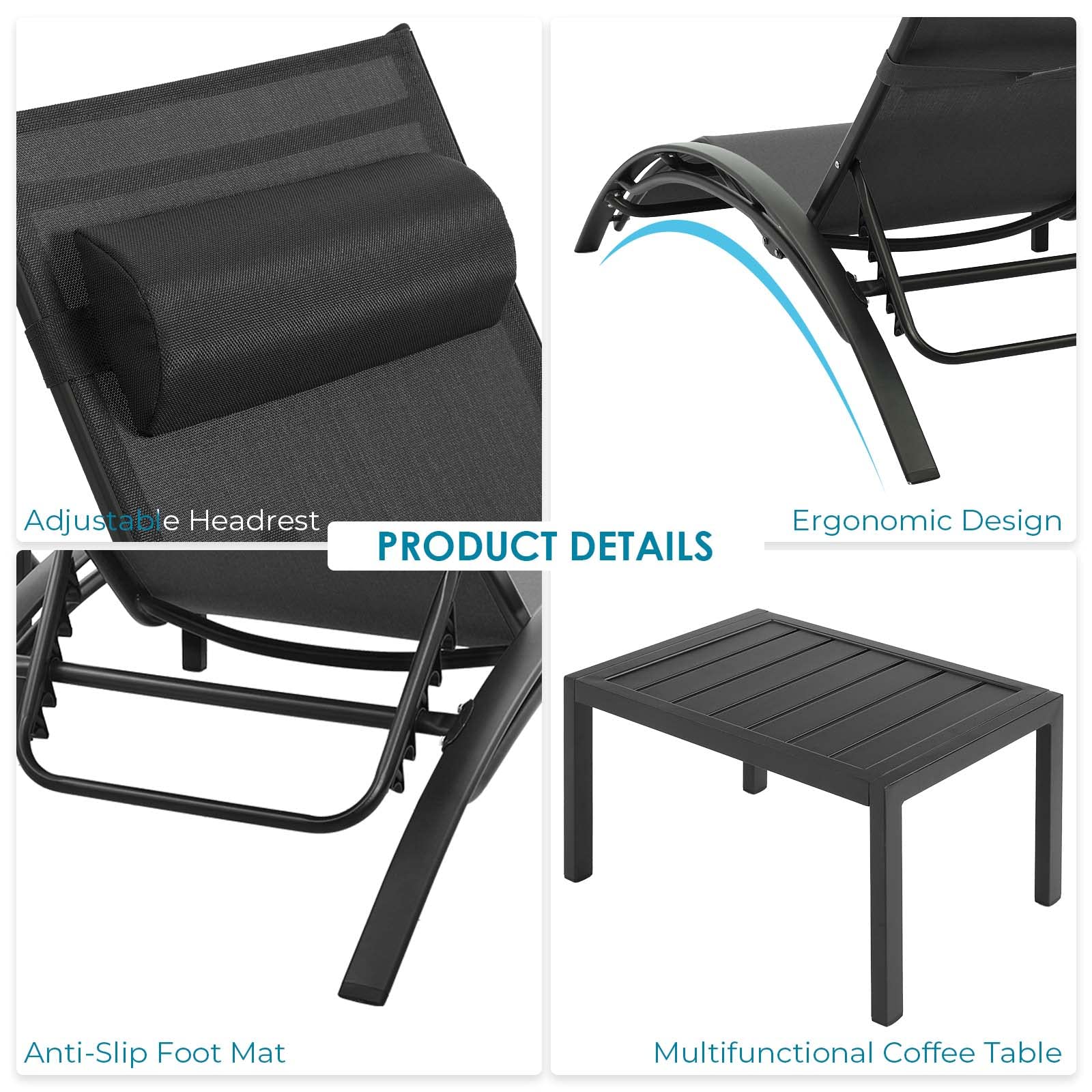 LIFERUN XXL Aluminium Sonnenliege 2er Set, stapelbare liegestuhl Garten mit Beistelltisch und Kopfkissen, Wetterfest, 5-Fach Verstellbare Rückenlehne, Geeignet für Gärten, Schwimmbäder, Strand, 2 PCS