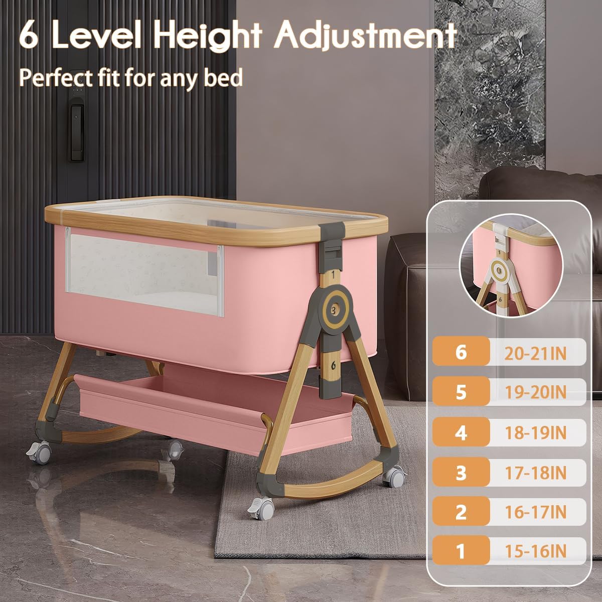 Baby Bassinet, 4 In 1 Portable Bassinet Bedside Sleeper with Wheels Comfy Mattress and Storage Basket, Moises Para Bebe 6 Adjustable Height Rocking Bedside Bassinet for Baby Newborn Boys Girls