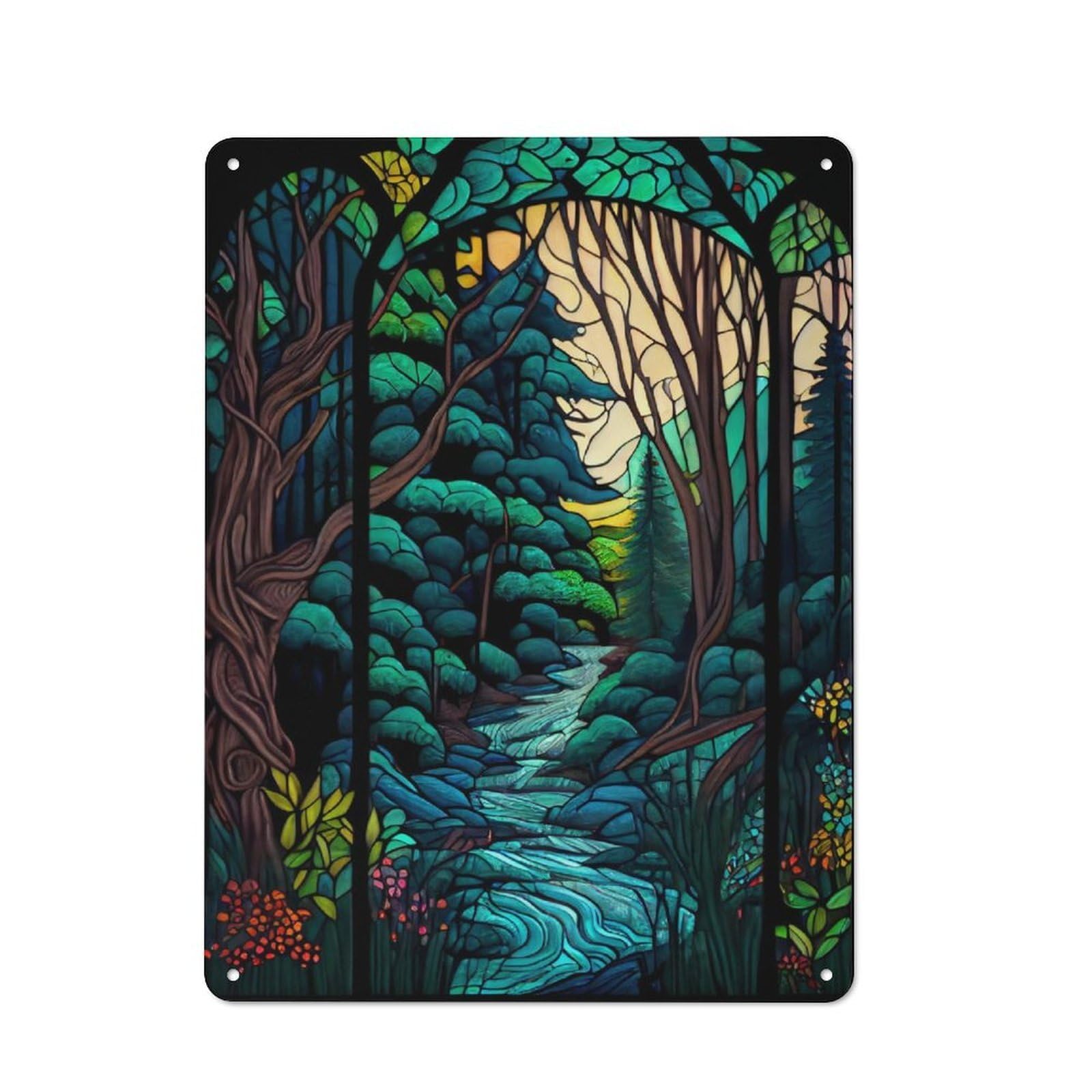 Junmoney Stained Glass Forest Industrial-Style Tin Sign 40X30cm For Pub Or Café, Suited To Pub Decor Enthusiasts