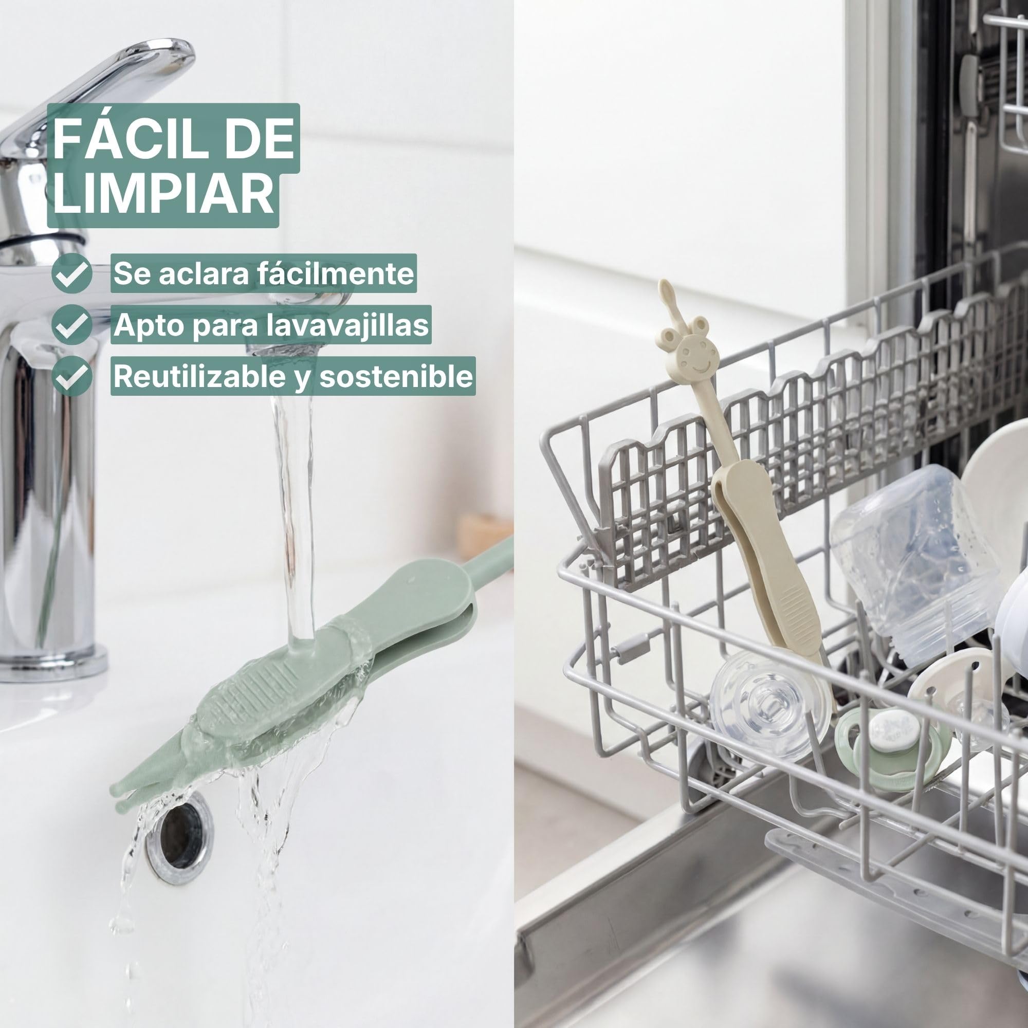 Limpiador de nariz y oídos para bebés con pinzas - Alternativa 3 en 1 al aspirador nasal - Sin BPA - Verde/Beige