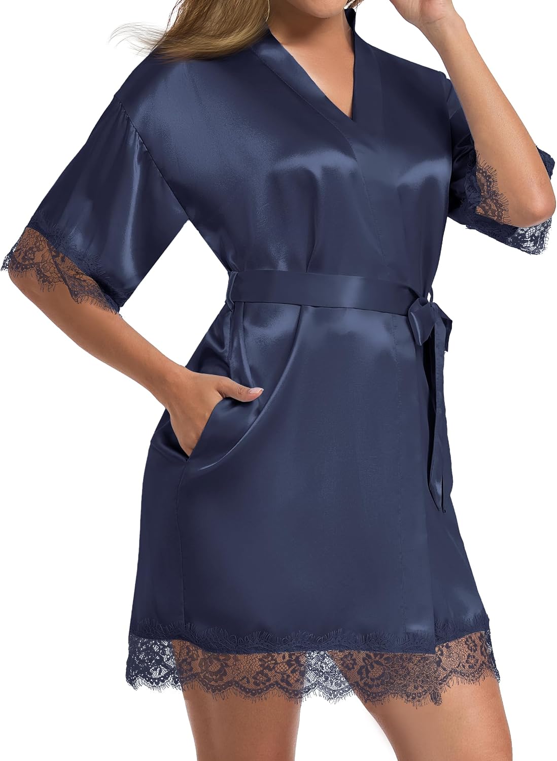 Women's Lace Trim Kimono Robe Bride Bridesmaids Wedding Shower Satin Short Robe Bridal Party Nightgown