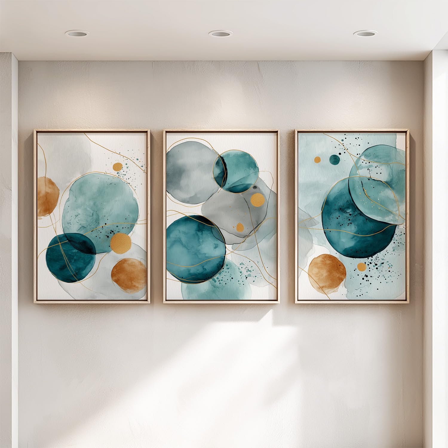 3er Set Wandbild Leinwand, Abstract Watercolour HD-Druck Poster auf Leinwand Wandkunst, Luxus Exquisit Gold Dunkles Petrol Rund Punktmuster Wanddeko für Wohnzimmer Schlafzimmer und Büro, 50 x 70 cm