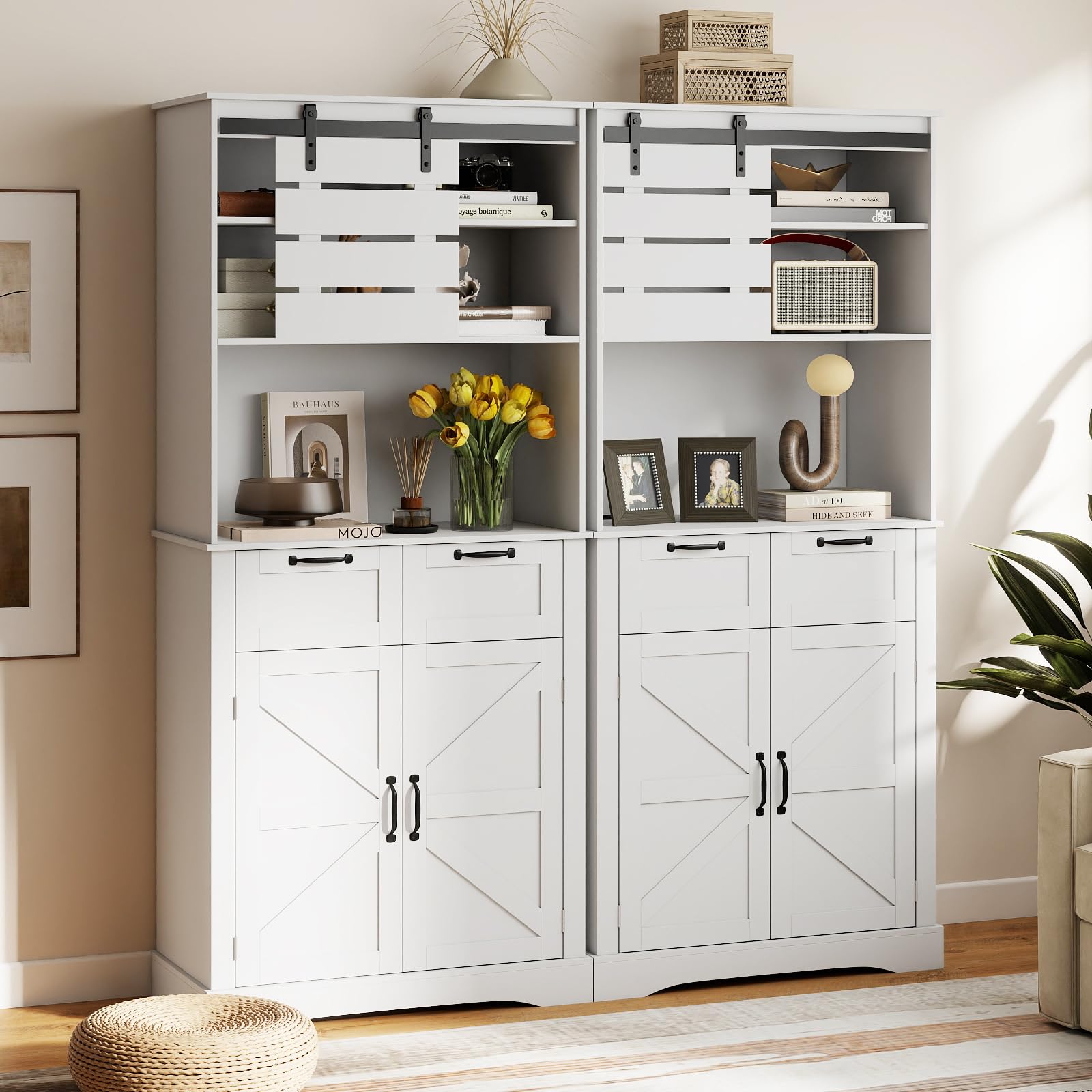 COSTWAY Küchenschrank Holz, Buffetschrank mit Steckdose, 2 Türen, 2 Schubladen & Arbeitsplatte, Hochschrank Vorratsschrank, Aufbewahrungsschrank für Küche & Wohnzimmer, 80 x 40 x 180 cm, Weiß