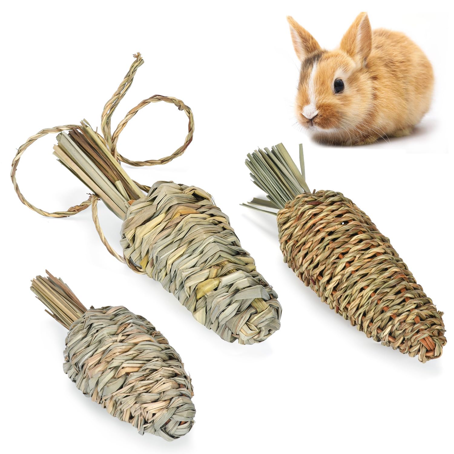 Juguetes para hámsters, Juguete for hámster, Conejo, masticable, Hierba Tejida, Natural, for morder, Conejillos de Indias, Juguete for rechinar los Dientes, 3 Unidades(B)