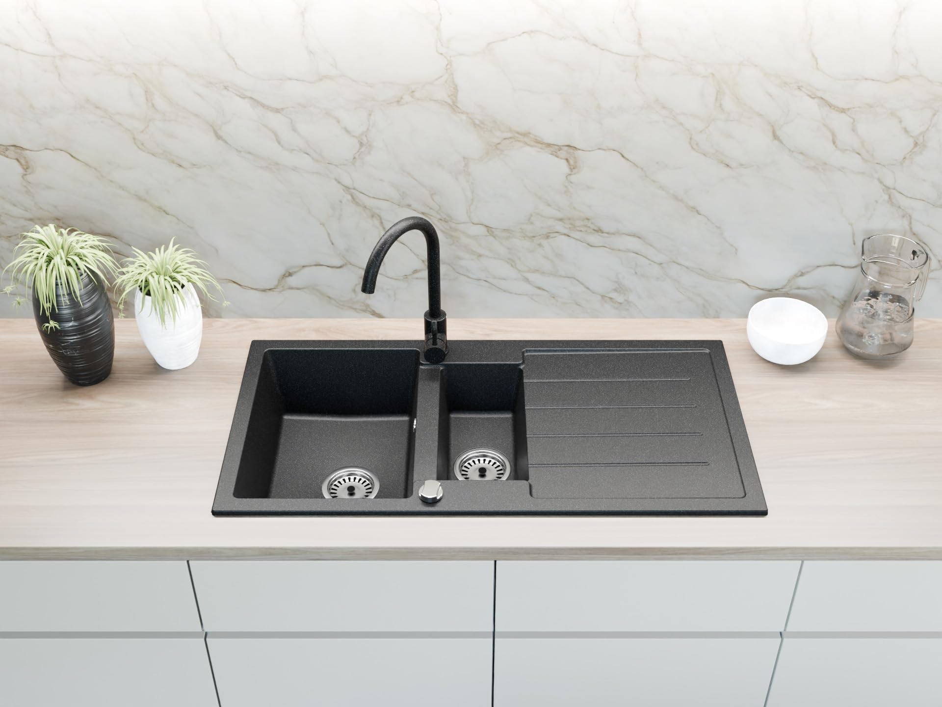 Faizee Home | Granitspüle 100x50 cm – Beidseitig montierbar & kratzfest | Inkl. Spülkorb & Siphon-Set | Hochwertige Küchenspüle aus Granit für modernes Küchendesign (Schwarz, Mit Armatur & Spülkorb)