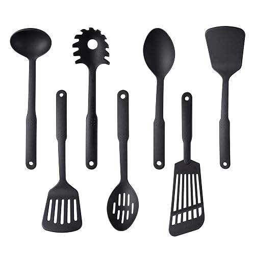 TJ POP Kitchen Utensils Set, 7PCS Cooking Utensils Set 410F° Heat Resistant & Non-stick Food Nylon Kitchen Gadgets Accessories For Cookware, BPA Free Kitchen Tools Gift (Black)