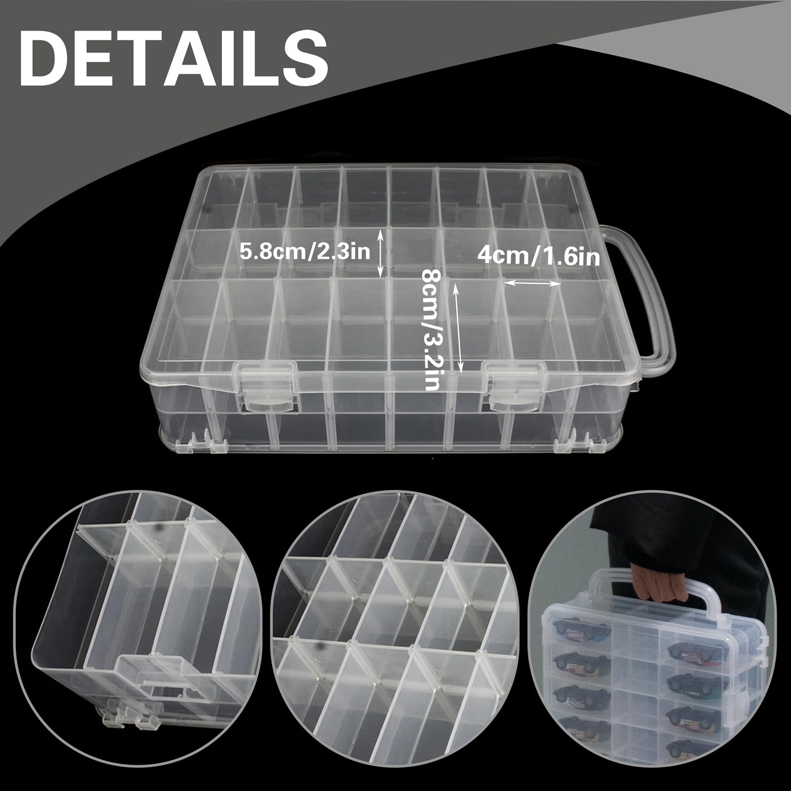 QoTang Boite Rangement Plastique,Boîte De Rangement Pour Jouets Hot Wheels Die-Cast Boite Compartiment,pour Voitures D'allumettes, Mini Jouets, Petites Poupées,avec 48 Compartiments,33x25x8 Cm