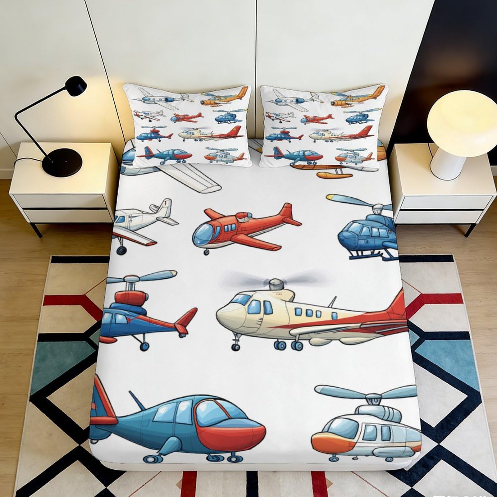 3D Printed Cartoon Plane Fitted Sheet Microfiber Soft Airplane Helicopter Bed Cover for Bedroom Dorm Room Decor 180x200x25cm