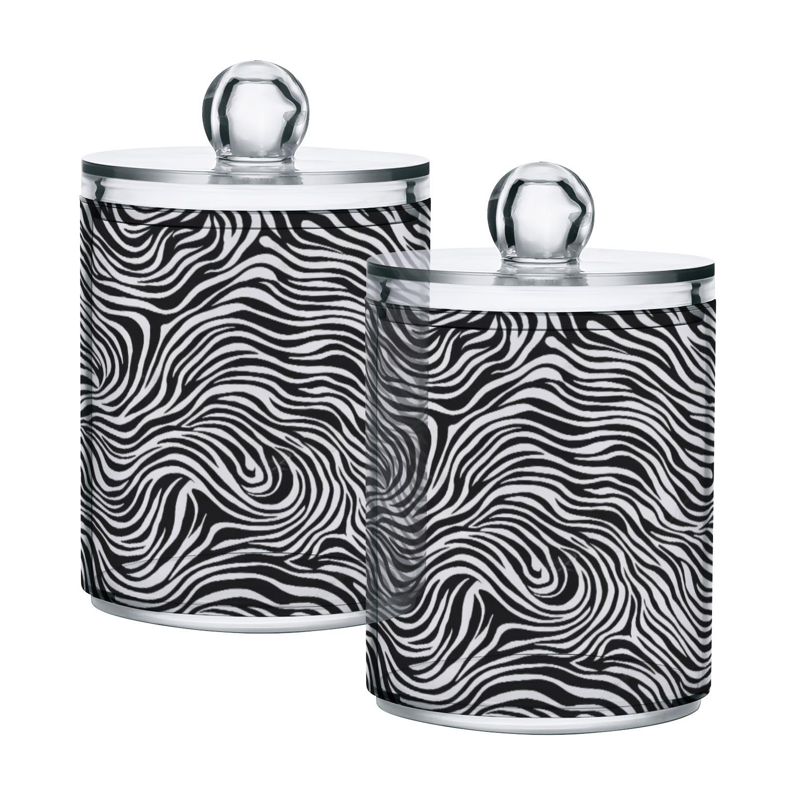 Msyxl 2 Pack Zebra Stripes Apothecary Jars with Lid, Qtip Holder Storage Containers for Cotton Ball, Swabs, Pads, Clear Plastic Canisters for Bathroom Vanity Organization (10 Oz)