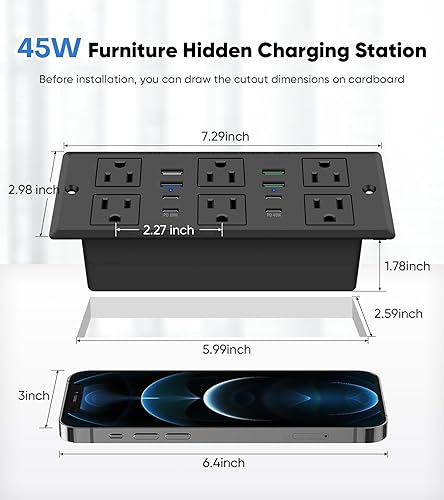 Miniatura 7 de VILONG Regleta de alimentación empotrable 14 en 1 con PD 45W USB-C, salida de cajón empotrada, 6 salidas y 8 puertos USB, enchufe plano de 45, cable