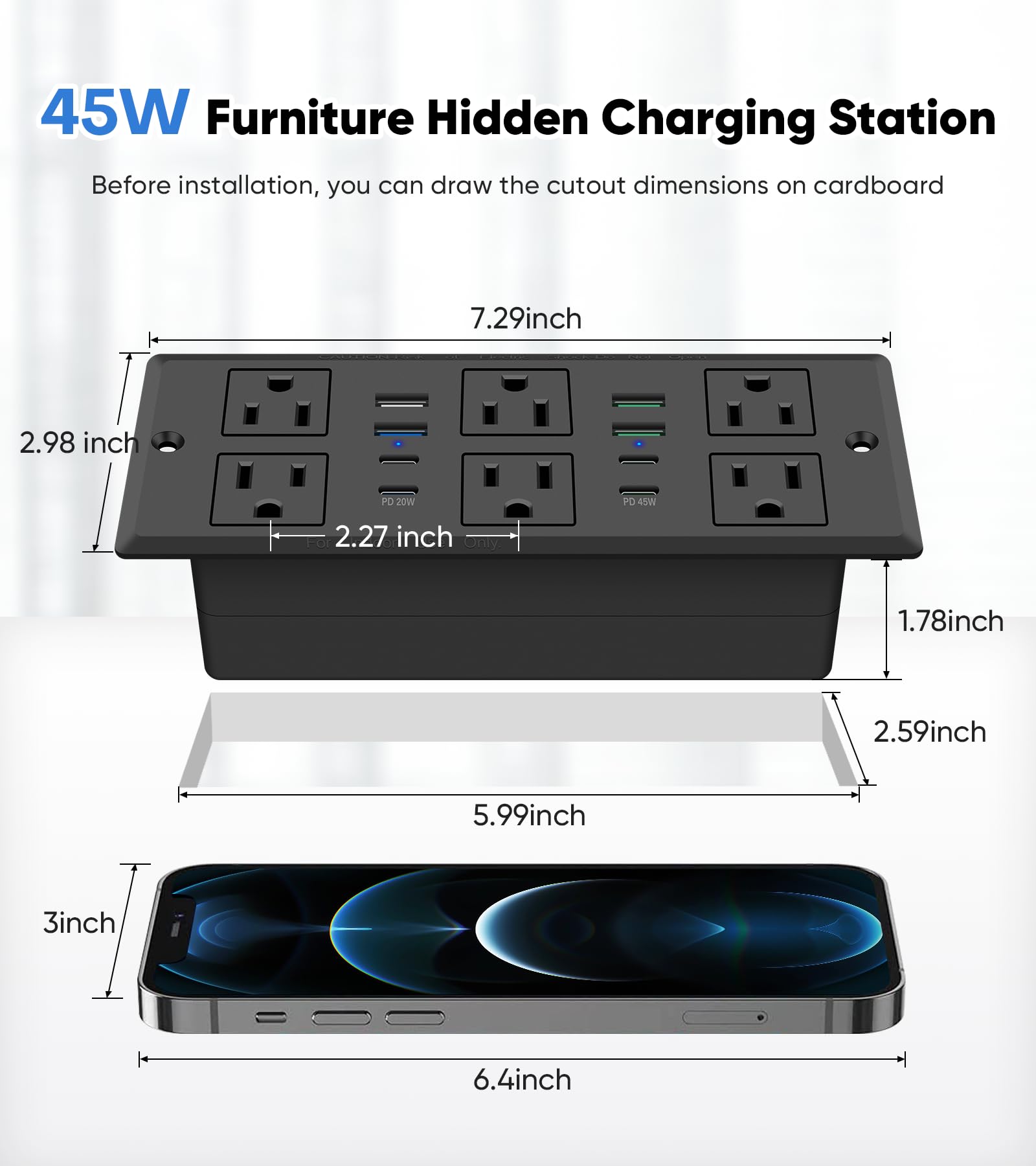 Podtynkowy Power Strip, PD 45 W, szybkie ładowanie USB-C QC3.0 3A USB-A, zasilacz wtykowy, 6 gniazd i 4 porty USB-A i 4 porty USB-C, przedłużacz połączenia