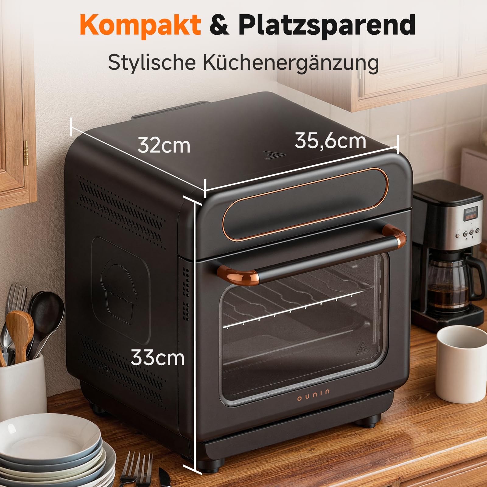OUNIN 12L Multifunktionsbackofen, 8-in-1 Dampfbackofen und Heißluftfritteuse, Zweigaren, 360° Umluft, 1100W, Geeignet für Schweinehaxe, Bratwurst, Brathähnchen, Brotbacken, Fleisch und Gemüsedämpfen