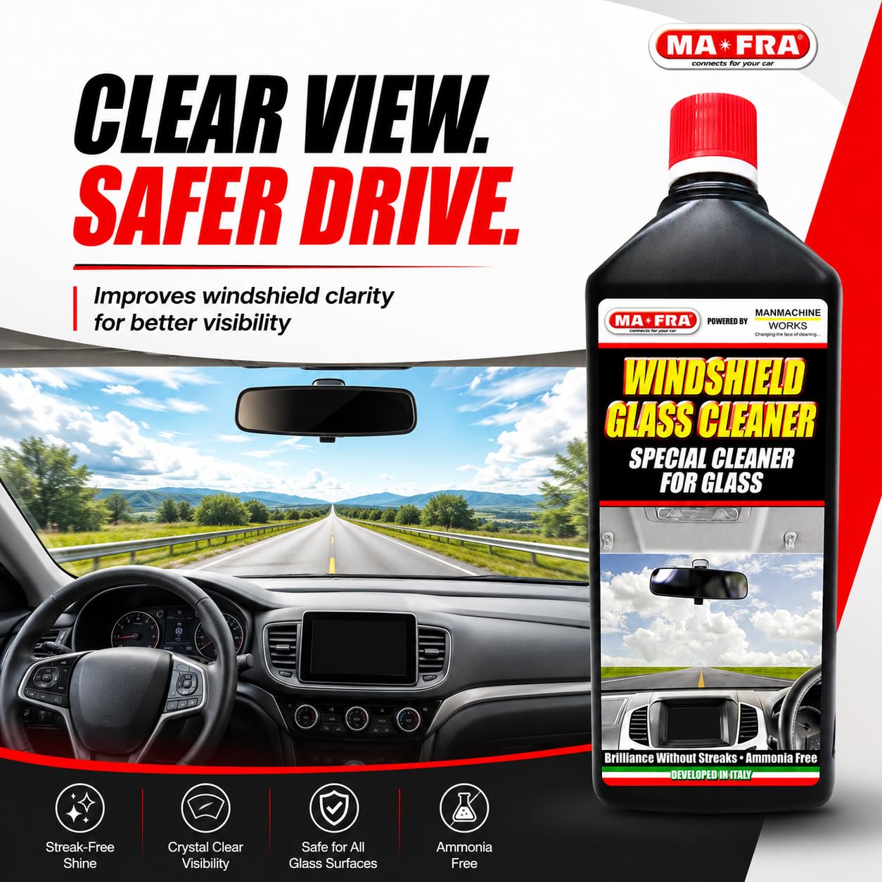 Windshield Glass Cleaner 1L | Ammonia Free Car Glass Cleaner Liquid for Windshield, Windows, Mirrors & Auto Glass | Streak-Free Shine, Removes Dust, Dirt, Grime & Road Film 4
