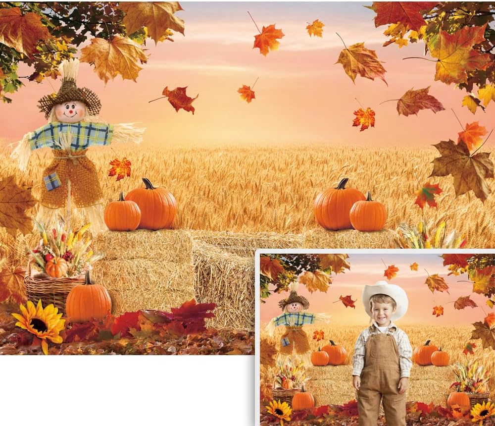 Autumn Photography Background Thanksgiving Harvest Barn Party Backdrop Pumpkin Maple Leaf Hay Wooden Decor Baby Shower Cake Table Banner Photo Display Stand (7x5ft)