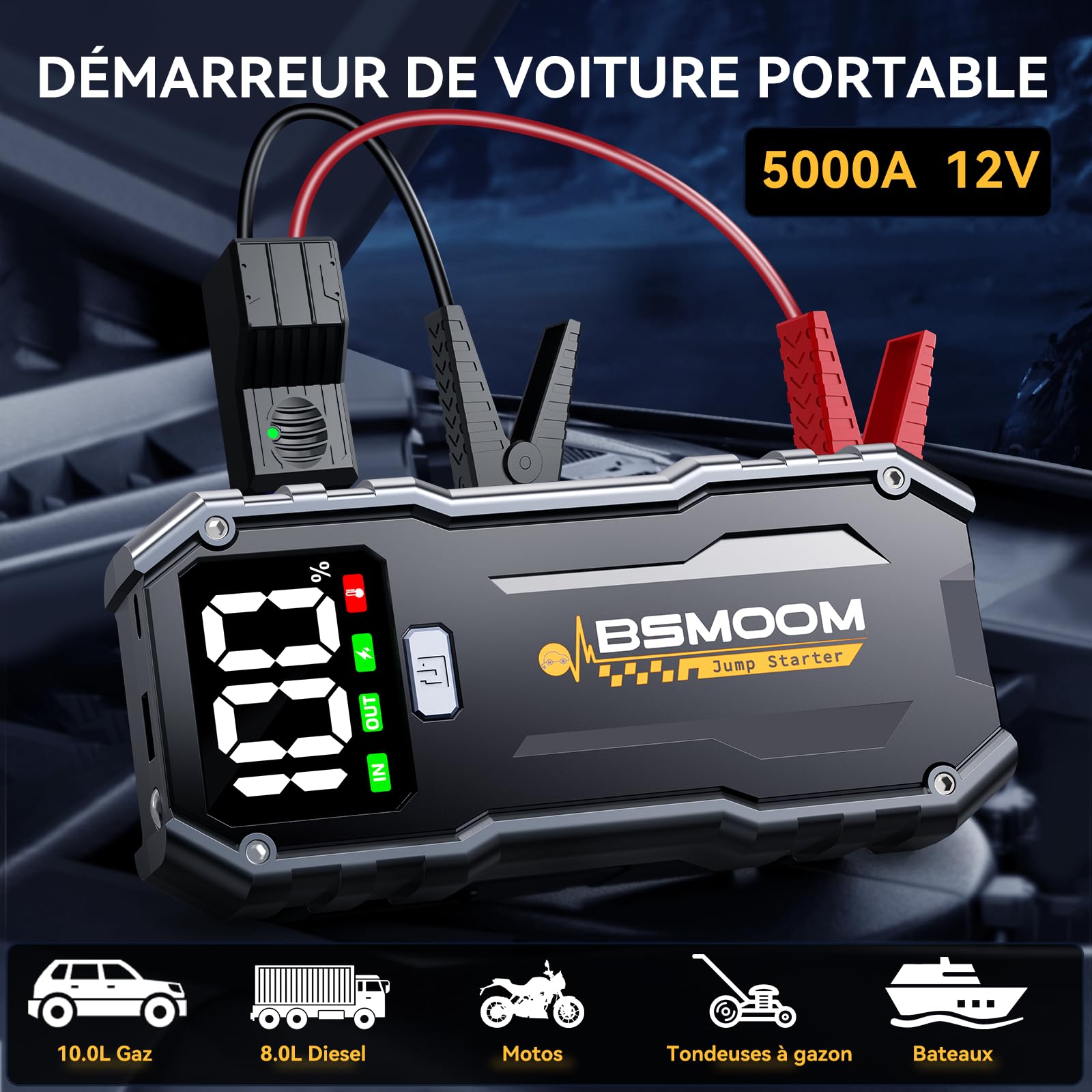 Booster Batterie Voiture Portable, 5000A Démarreur Batterie Voiture (Jusqu’à 10.0L Essence & 8.0L Diesel), Jump Starter avec Port de Charge USB, 3 Modes de Lumières LED, Écran LCD