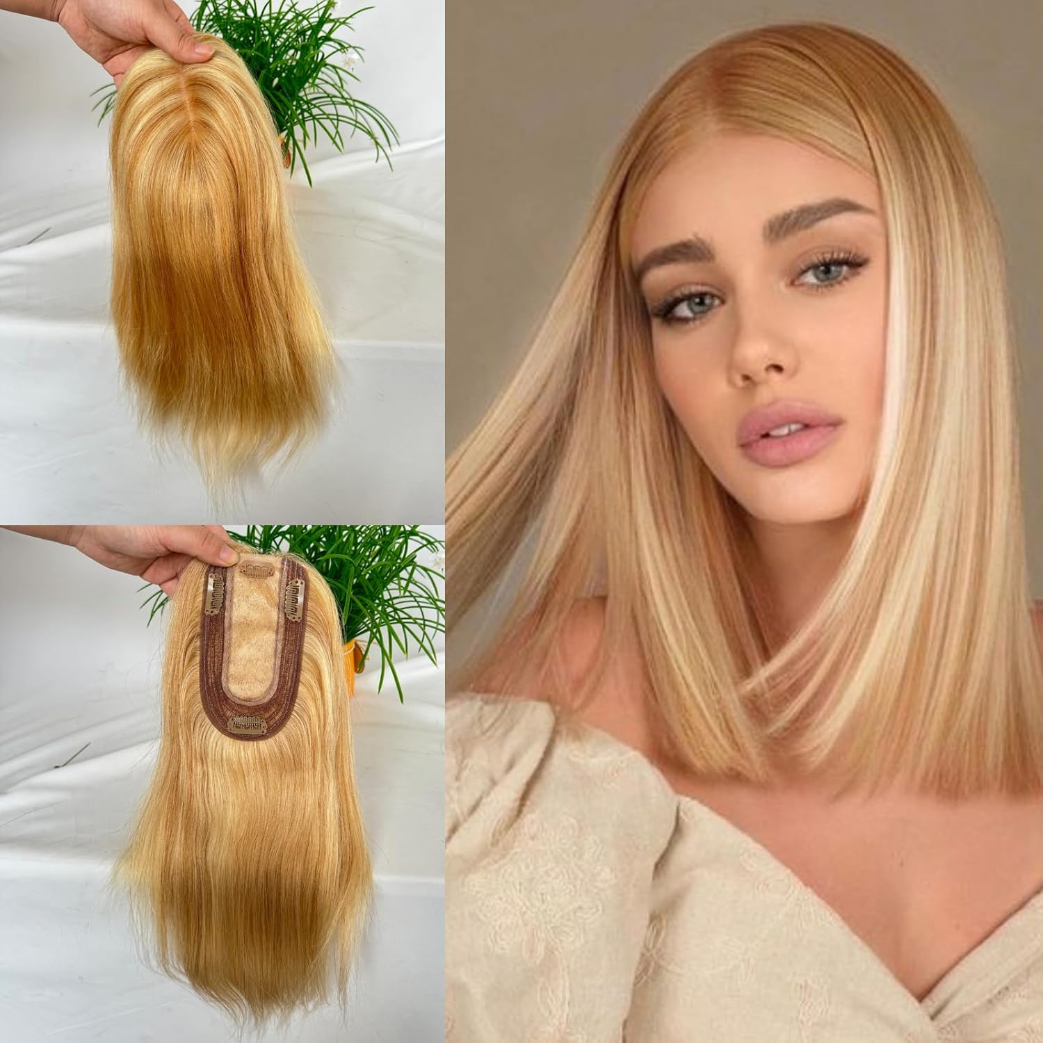 Clip in Hair Toppers Hairpiece for Women Real Human Pieces Silk Base Skin Wig Extensions for Hair Loss Grey Thinning 12 Inch (#27 Piano #613, 3x5inch)