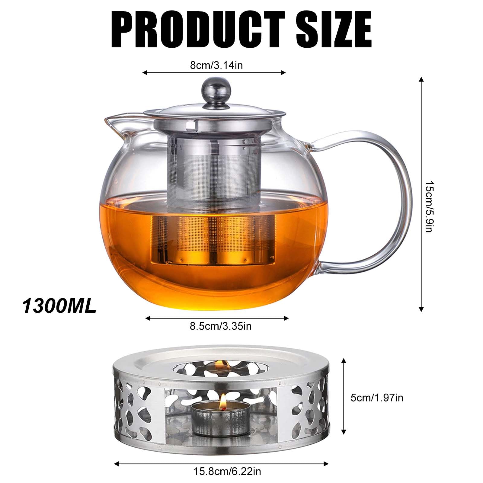 GBKDQQ 1.3L Teekanne mit Siebeinsatz und Deckel, Teekanne aus Glas Borosilikat, Glas Teebereiter mit Abnehmbare Siebeinsatz & Stövchen, Glasteekanne für Losen Tees Fruchttee Duftender Tee